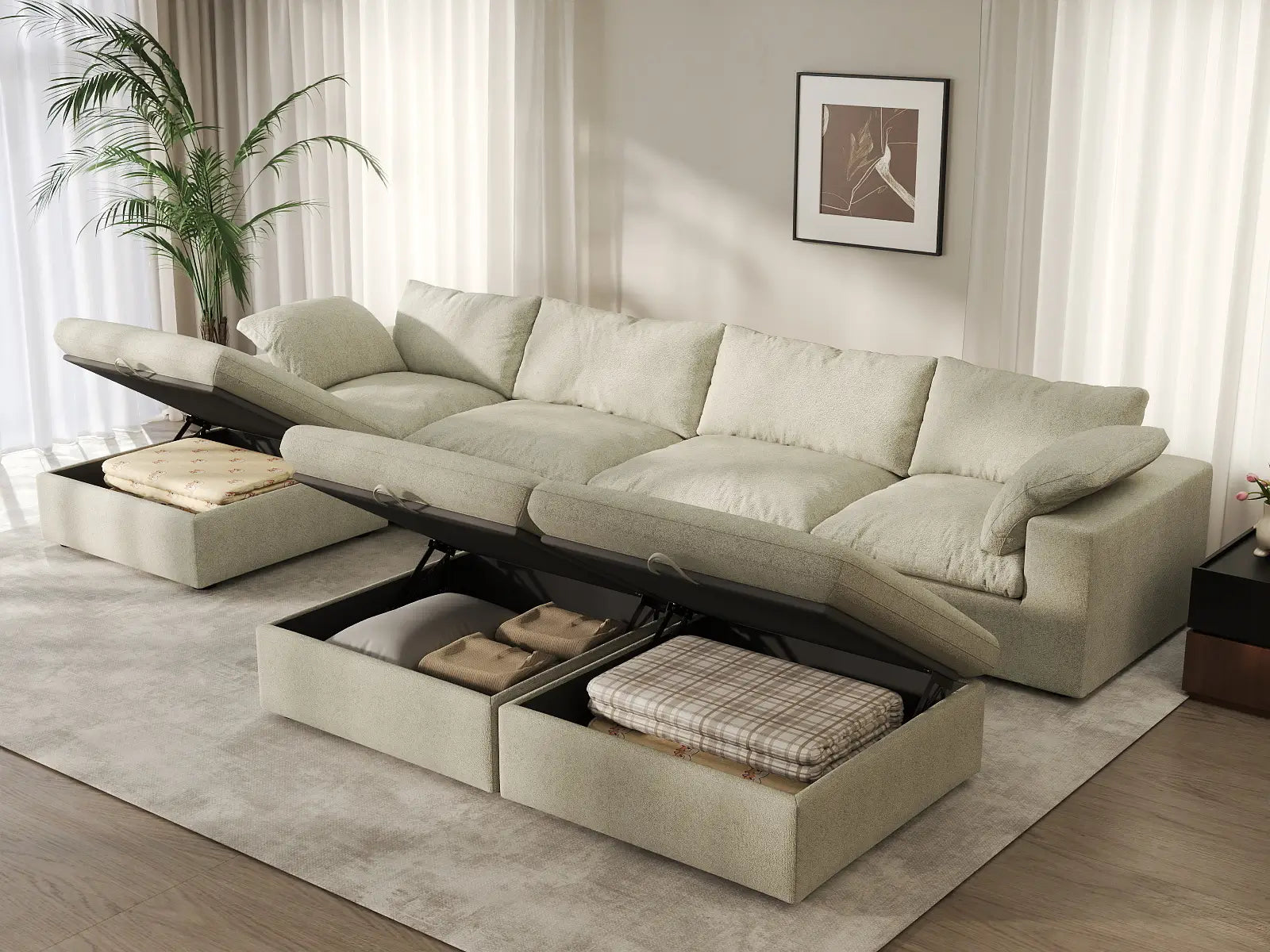 Deluxe Cloud 4-Seater Khaki Sofa Set | 7-Piece (Includes 3 Ottomans), Cotton And Linen Fabric, Washable Cushion Covers