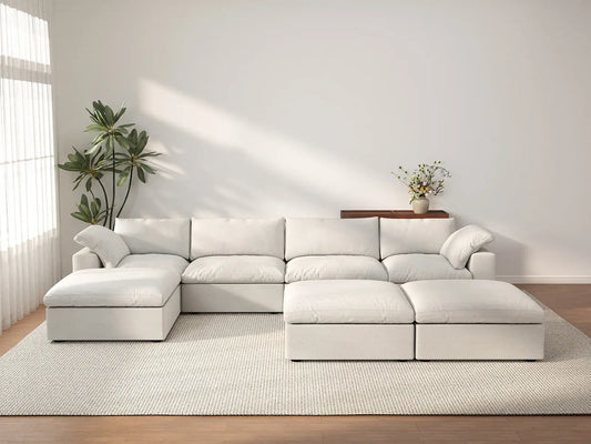 Deluxe Cloud 4-Seater White Sofa Set | 7-Piece (Includes 3 Ottomans), Cotton And Linen Fabric, Washable Cushion Covers