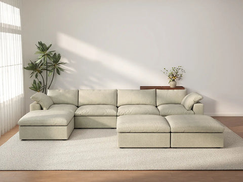 Deluxe Cloud 4-Seater Khaki Sofa Set | 7-Piece (Includes 3 Ottomans), Cotton And Linen Fabric, Washable Cushion Covers