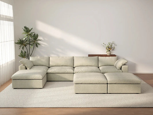 Deluxe Cloud 4-Seater Khaki Sofa Set | 7-Piece (Includes 3 Ottomans), Cotton And Linen Fabric, Washable Cushion Covers