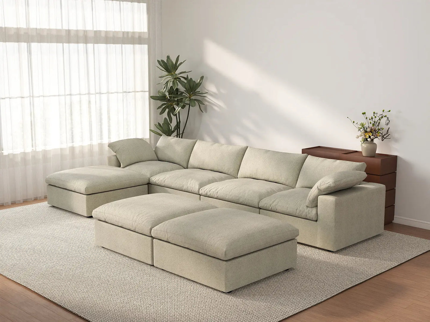 Deluxe Cloud 4-Seater Khaki Sofa Set | 7-Piece (Includes 3 Ottomans), Cotton And Linen Fabric, Washable Cushion Covers