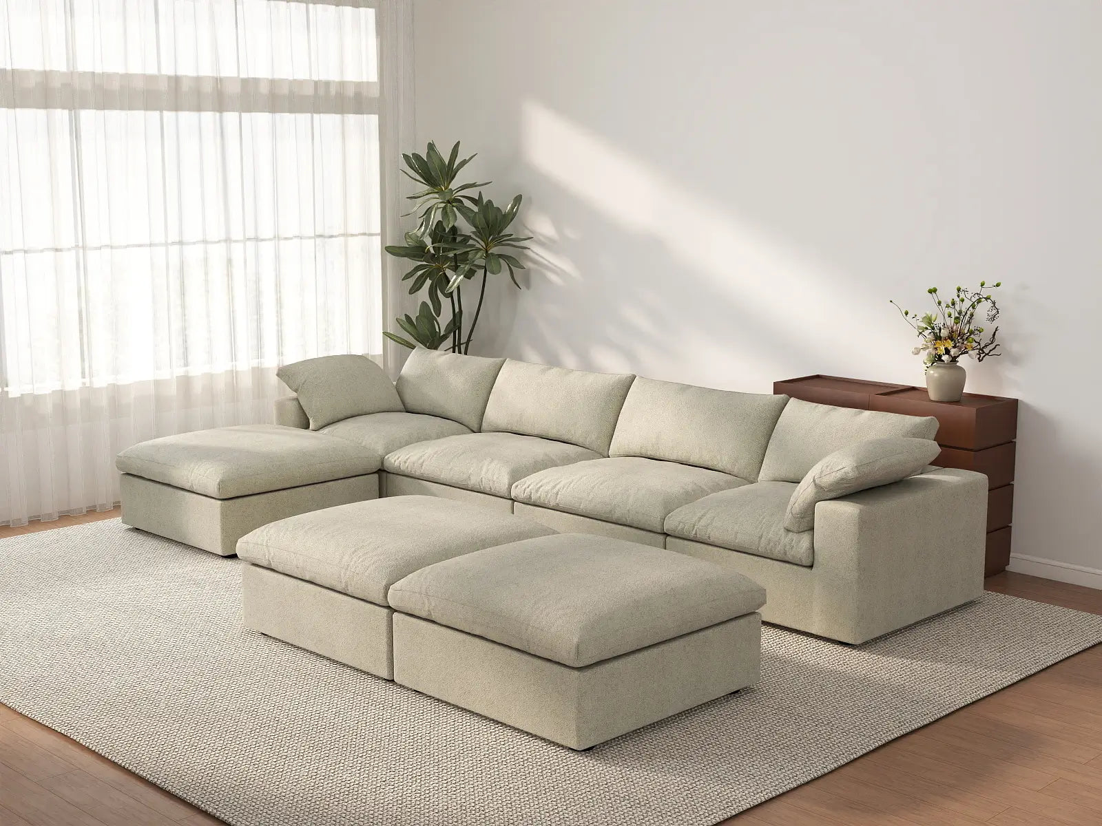 Deluxe Cloud 4-Seater Khaki Sofa Set | 7-Piece (Includes 3 Ottomans), Cotton And Linen Fabric, Washable Cushion Covers
