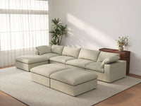 Deluxe Cloud 4-Seater Khaki Sofa Set | 7-Piece (Includes 3 Ottomans), Cotton And Linen Fabric, Washable Cushion Covers