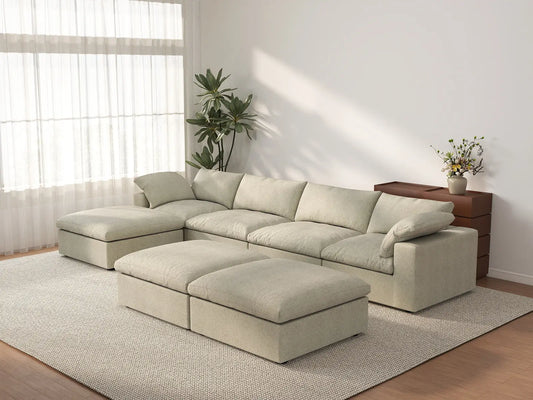 Deluxe Cloud 4-Seater Khaki Sofa Set | 7-Piece (Includes 3 Ottomans), Cotton And Linen Fabric, Washable Cushion Covers