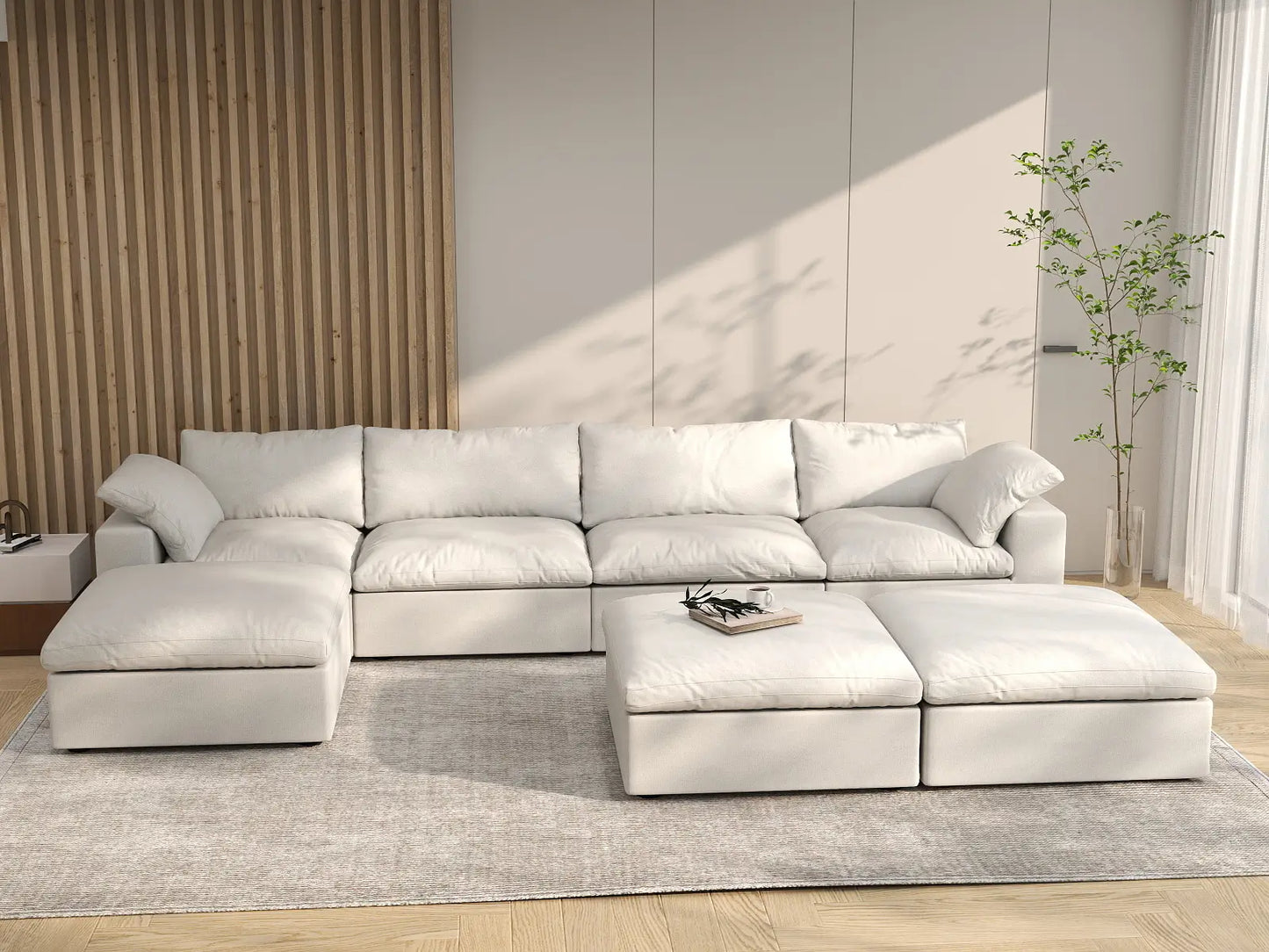 Deluxe Premium Cloud Sectional Sofa Covers | White Cotton and Linen Sofa Cover for 4-Seater with 3-Ottomans
