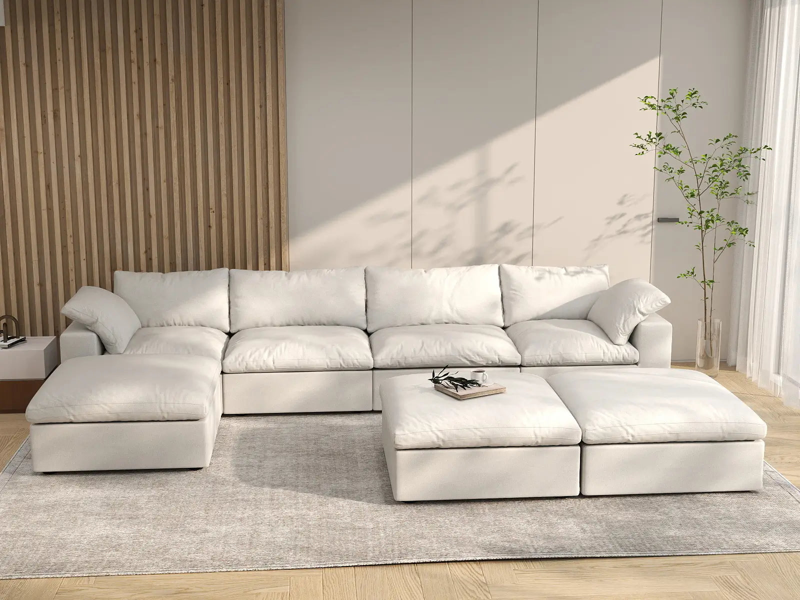 Deluxe Premium Cloud Sectional Sofa Covers | White Cotton and Linen Sofa Cover for 4-Seater with 3-Ottomans