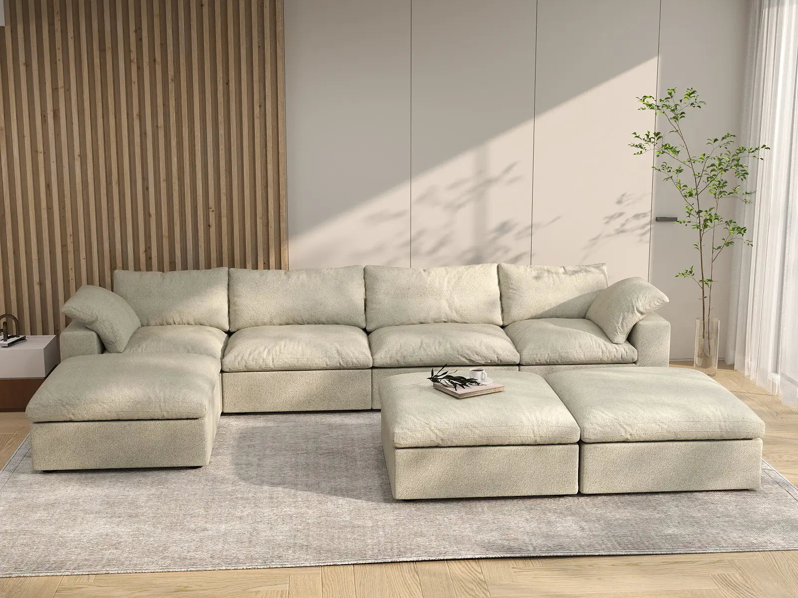 Deluxe Premium Cloud Sectional Sofa Covers | Khaki Cotton and Linen Sofa Cover for 4-Seater with 3-Ottomans