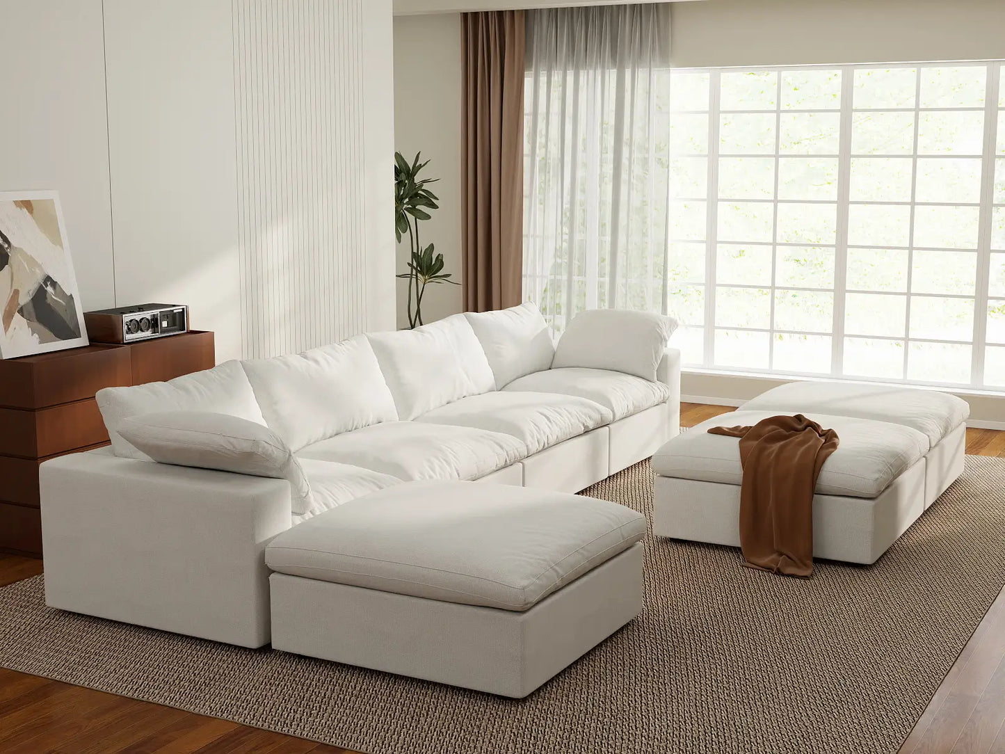 Deluxe Premium Cloud Sectional Sofa Covers | White Cotton and Linen Sofa Cover for 4-Seater with 3-Ottomans