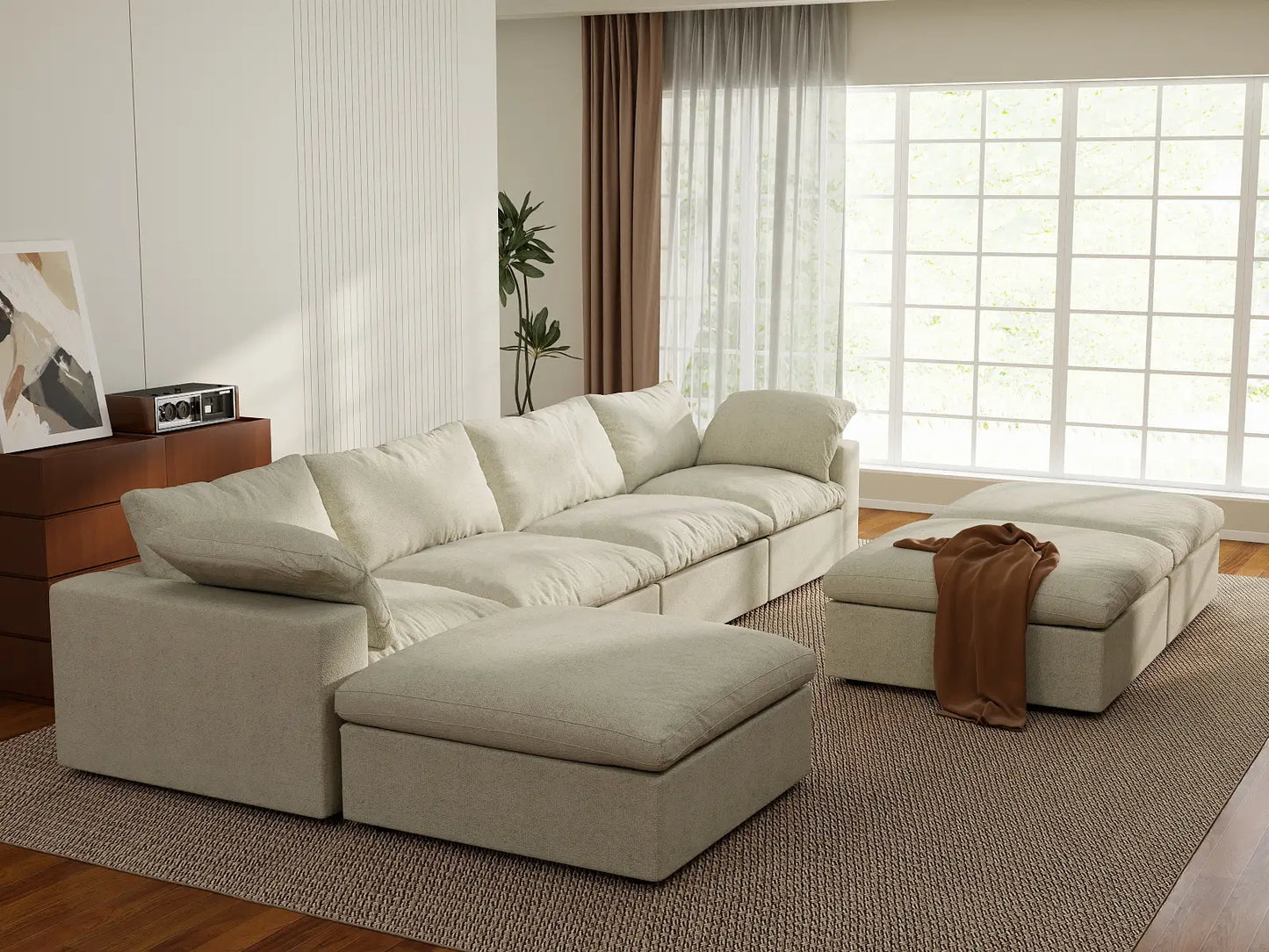 Deluxe Cloud 4-Seater Khaki Sofa Set | 7-Piece (Includes 3 Ottomans), Cotton And Linen Fabric, Washable Cushion Covers