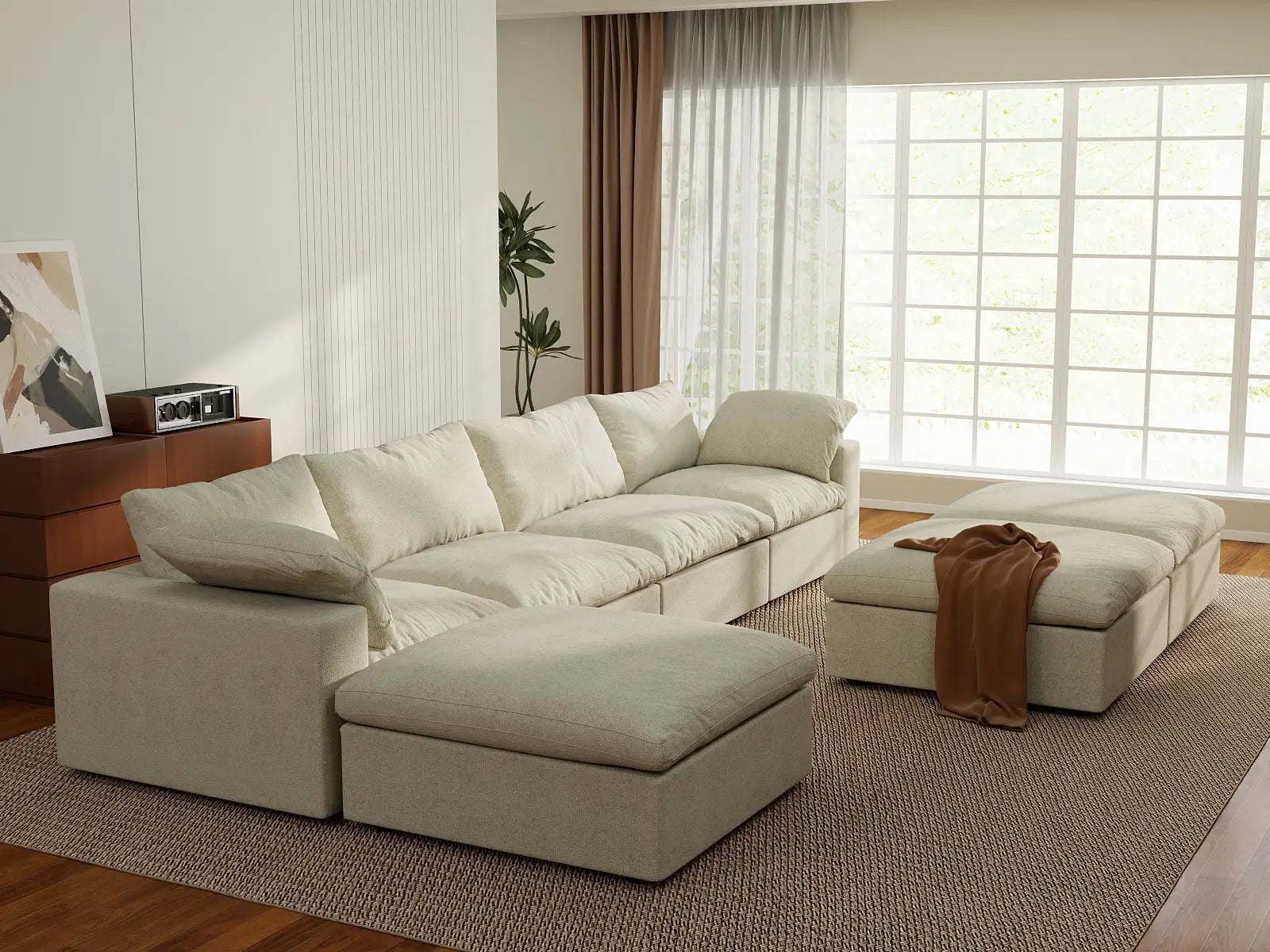 Deluxe Cloud 4-Seater Khaki Sofa Set | 7-Piece (Includes 3 Ottomans), Cotton And Linen Fabric, Washable Cushion Covers