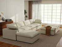 Deluxe Cloud 4-Seater Khaki Sofa Set | 7-Piece (Includes 3 Ottomans), Cotton And Linen Fabric, Washable Cushion Covers
