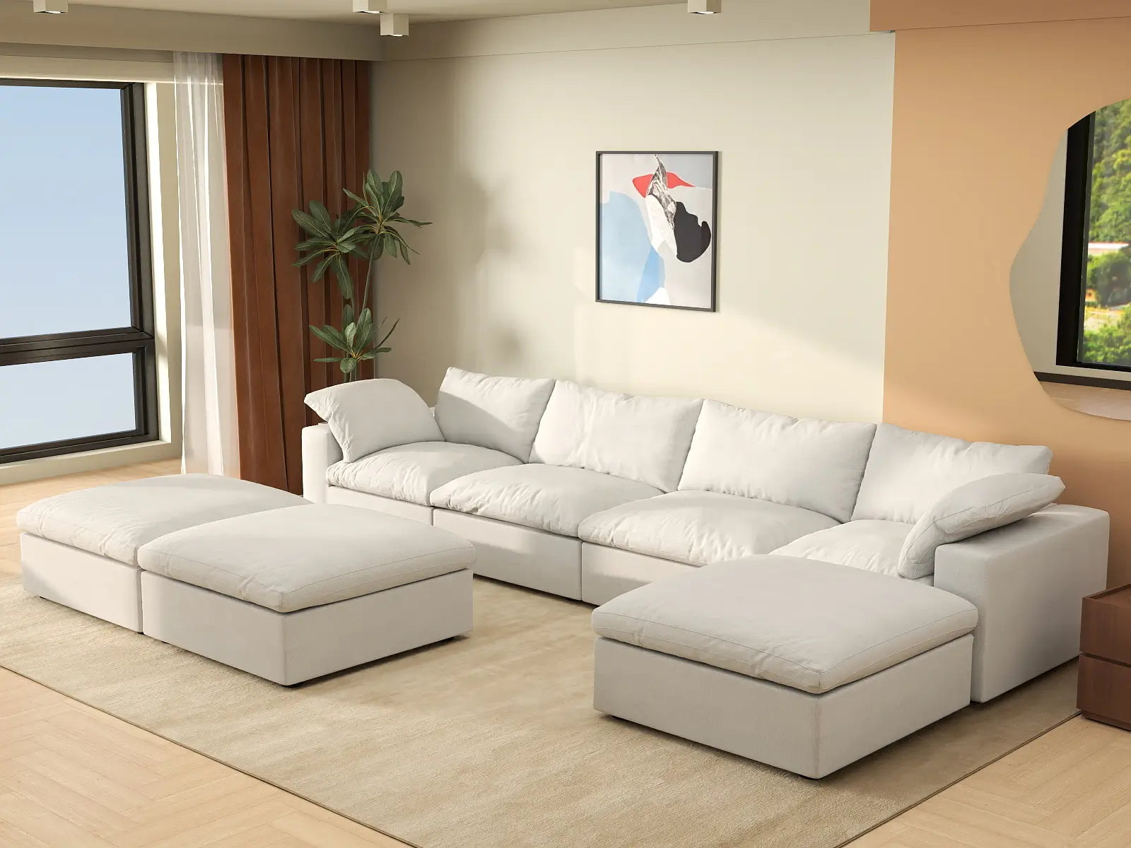Deluxe Cloud 4-Seater White Sofa Set | 7-Piece (Includes 3 Ottomans), Cotton And Linen Fabric, Washable Cushion Covers
