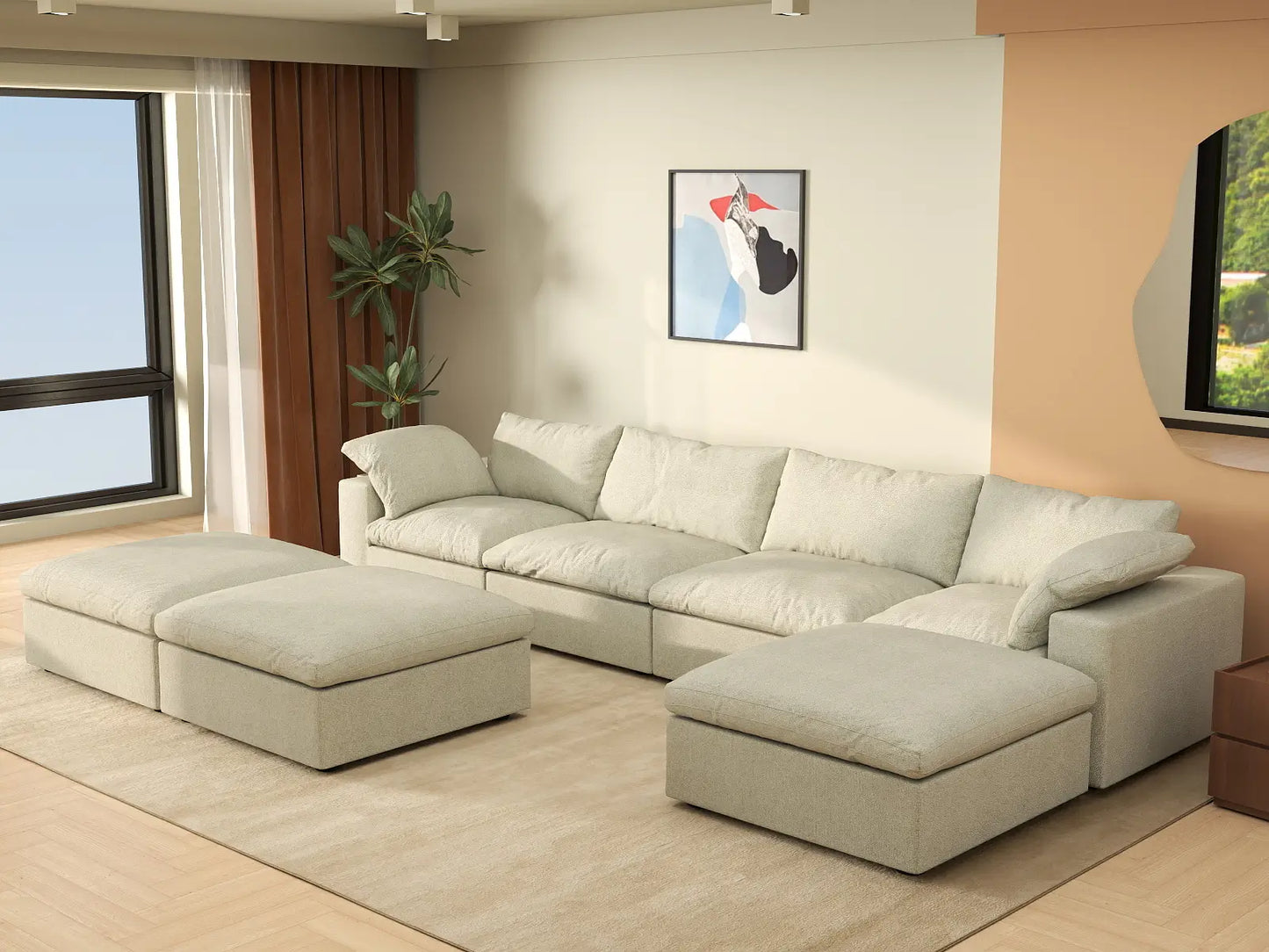 Deluxe Premium Cloud Sectional Sofa Covers | Khaki Cotton and Linen Sofa Cover for 4-Seater with 3-Ottomans