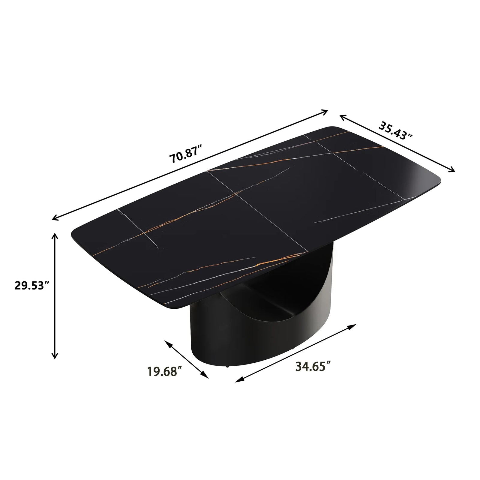 Mesa de comedor Marbella de piedra sinterizada | Rectangular de 180 cm (71") en negro mate con borde curvo
