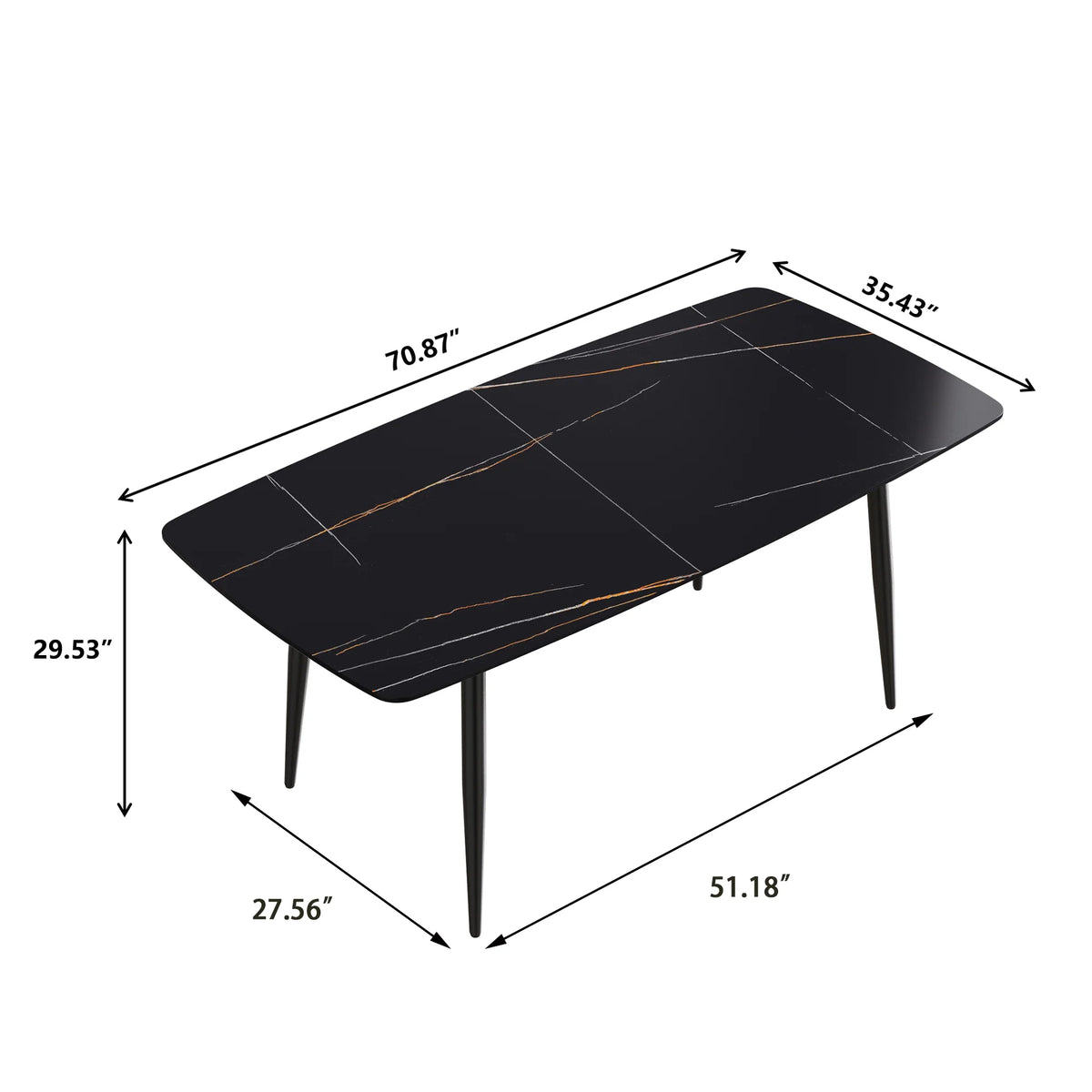Marbella Sintered Stone Dining Table | 71" Matte Black Rectangular With Curved Edge