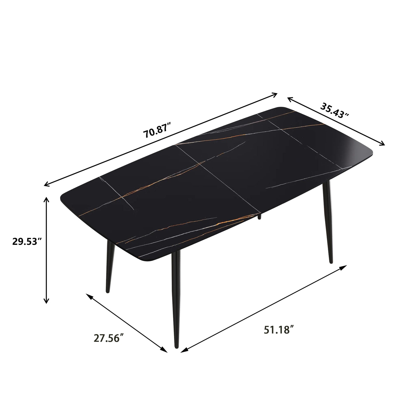 Mesa de comedor Marbella de piedra sinterizada | Rectangular de 180 cm (71") en negro mate con borde curvo
