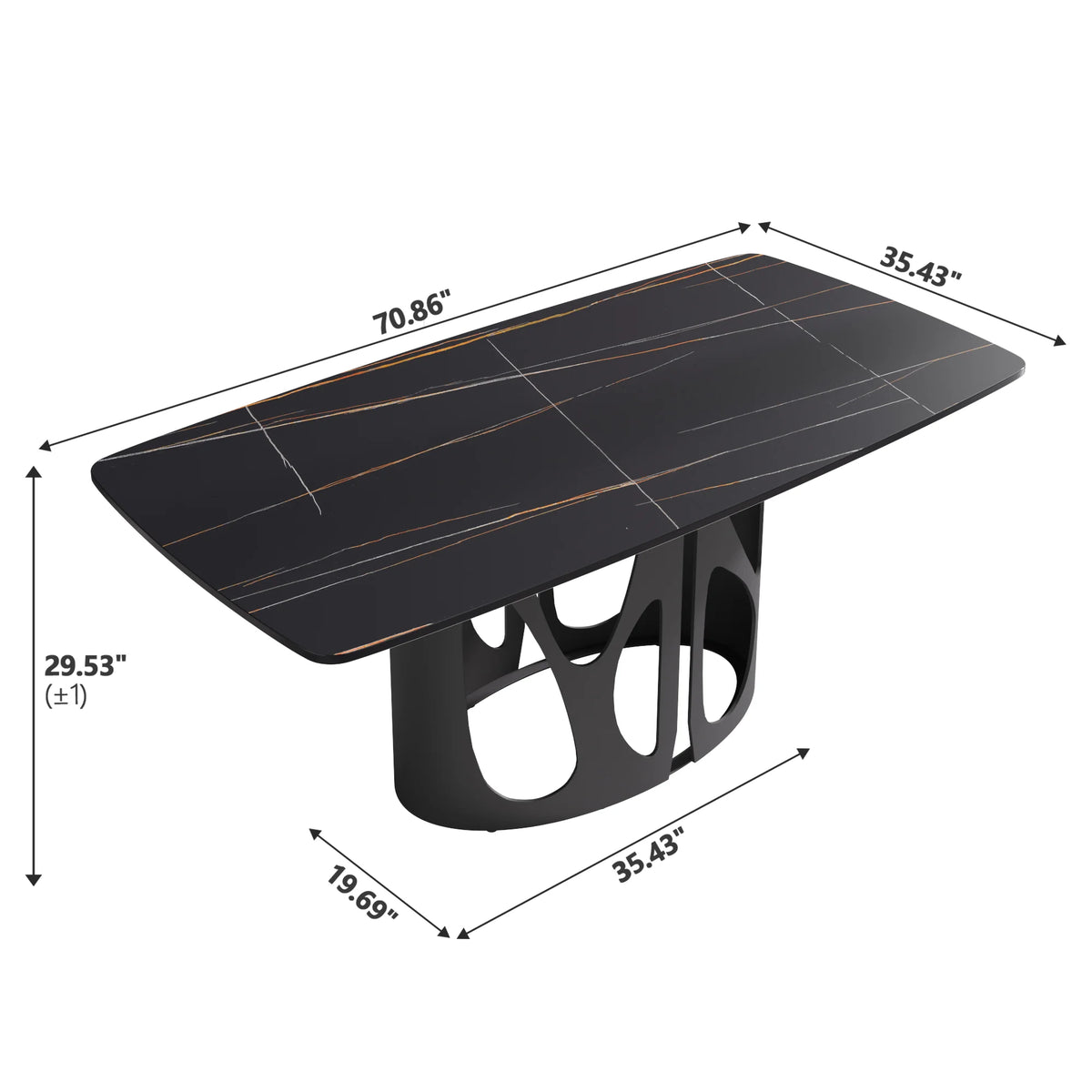 Mesa de comedor Marbella de piedra sinterizada | Rectangular de 180 cm (71") en negro mate con borde curvo