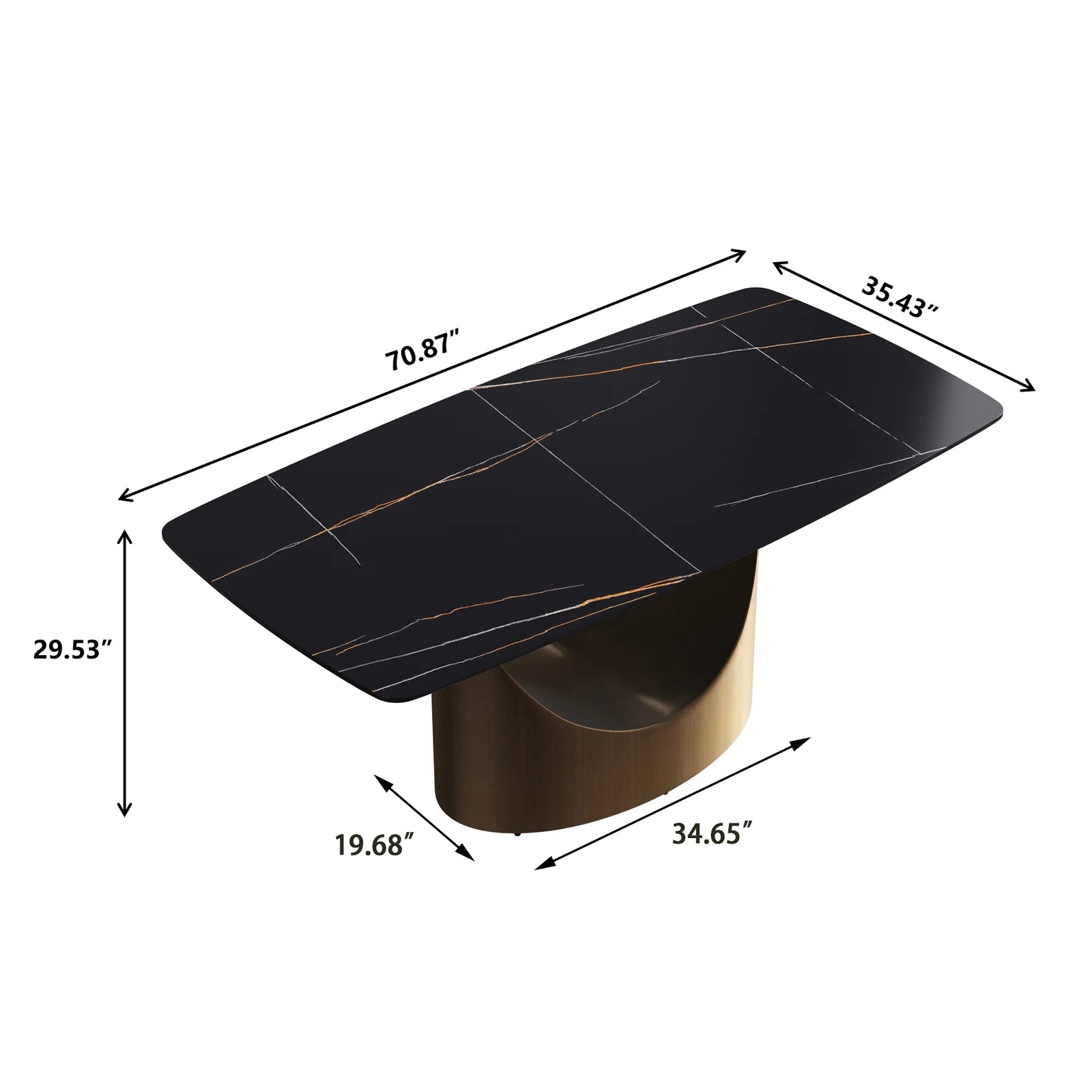 Mesa de comedor Marbella de piedra sinterizada | Rectangular de 180 cm (71") en negro mate con borde curvo