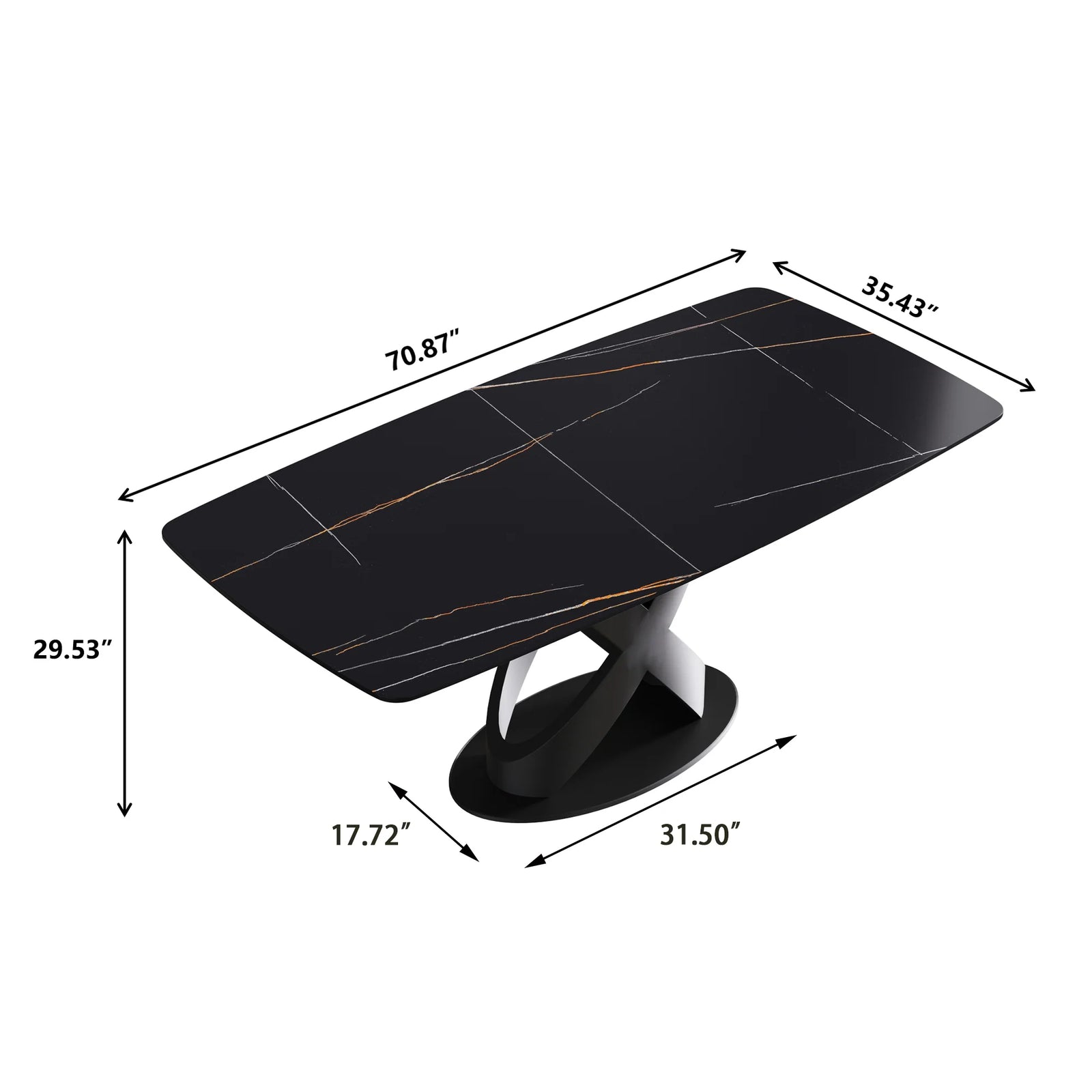 Mesa de comedor Marbella de piedra sinterizada | Rectangular de 180 cm (71") en negro mate con borde curvo