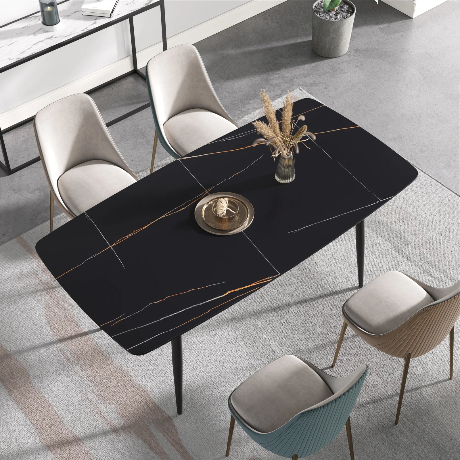 Mesa de comedor Marbella de piedra sinterizada | Rectangular de 180 cm (71") en negro mate con borde curvo