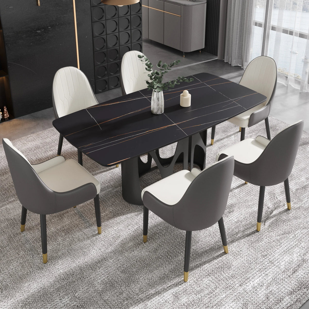Mesa de comedor Marbella de piedra sinterizada | Rectangular de 180 cm (71") en negro mate con borde curvo