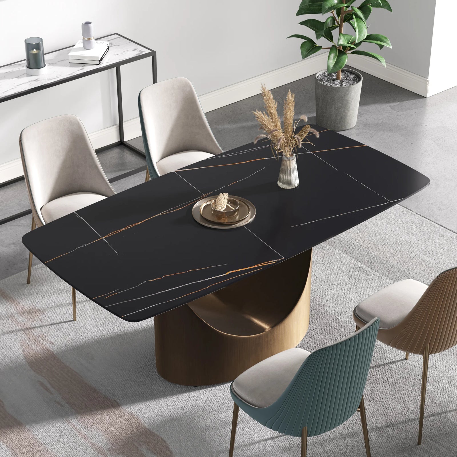 Mesa de comedor Marbella de piedra sinterizada | Rectangular de 180 cm (71") en negro mate con borde curvo