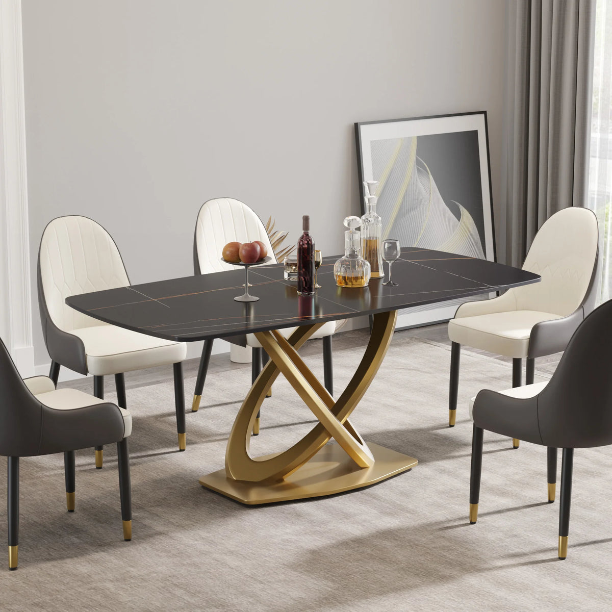 Marbella Sintered Stone Dining Table | 71" Matte Black Rectangular With Curved Edge
