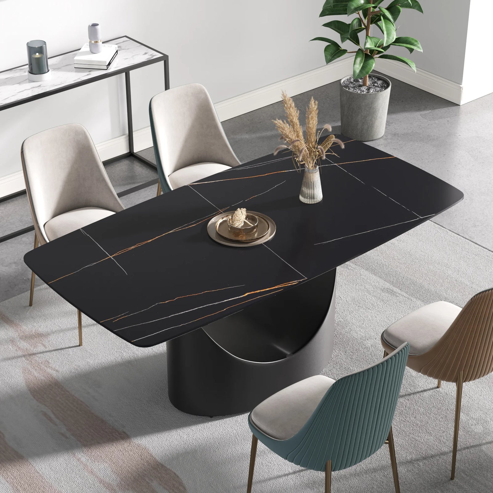 Mesa de comedor Marbella de piedra sinterizada | Rectangular de 180 cm (71") en negro mate con borde curvo