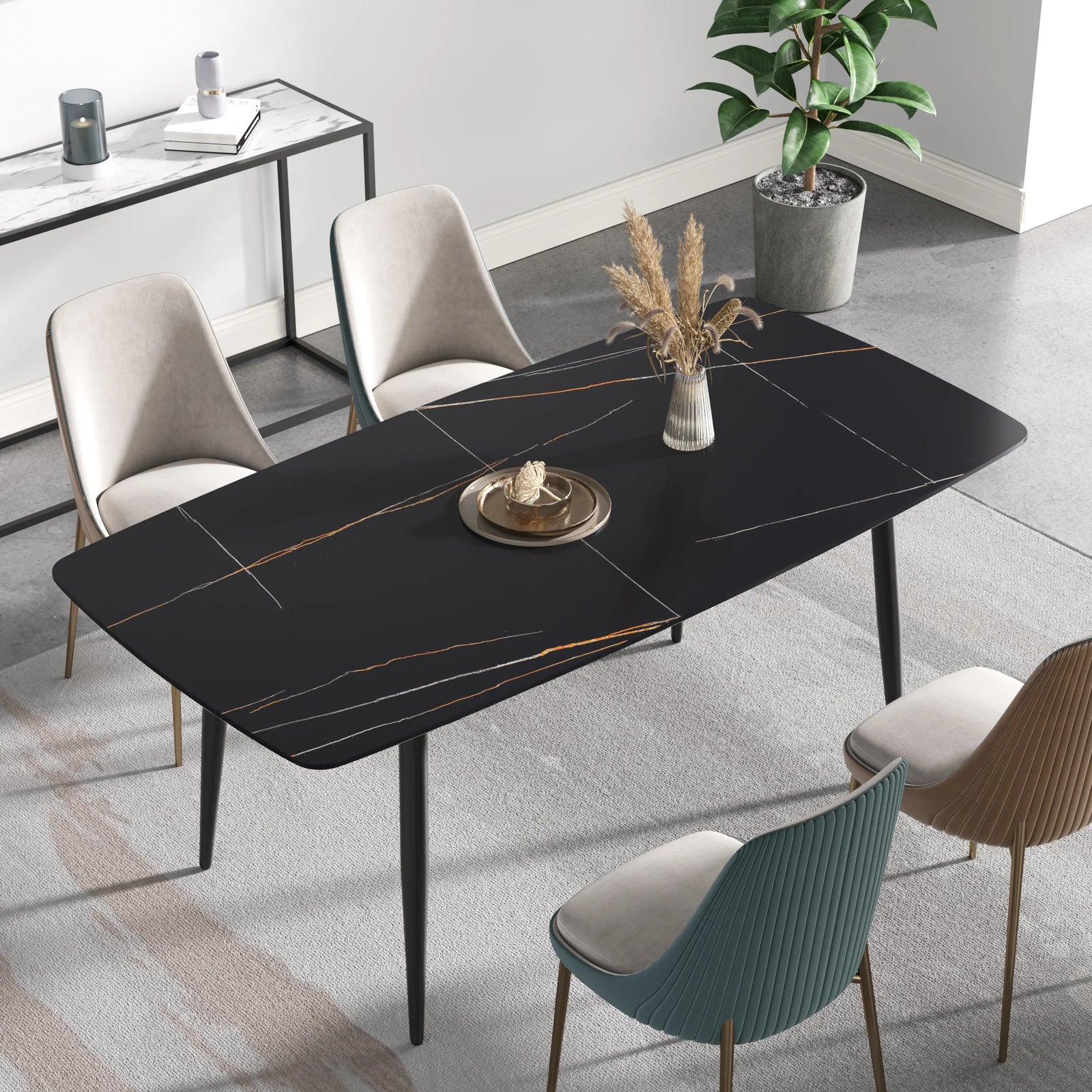 Mesa de comedor Marbella de piedra sinterizada | Rectangular de 180 cm (71") en negro mate con borde curvo