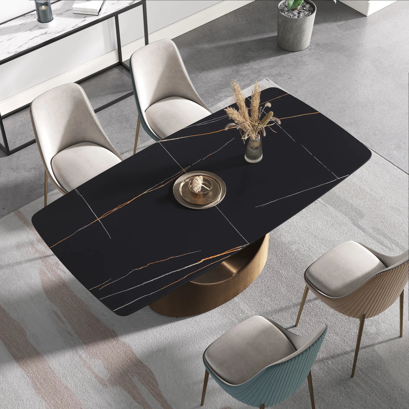 Mesa de comedor Marbella de piedra sinterizada | Rectangular de 180 cm (71") en negro mate con borde curvo