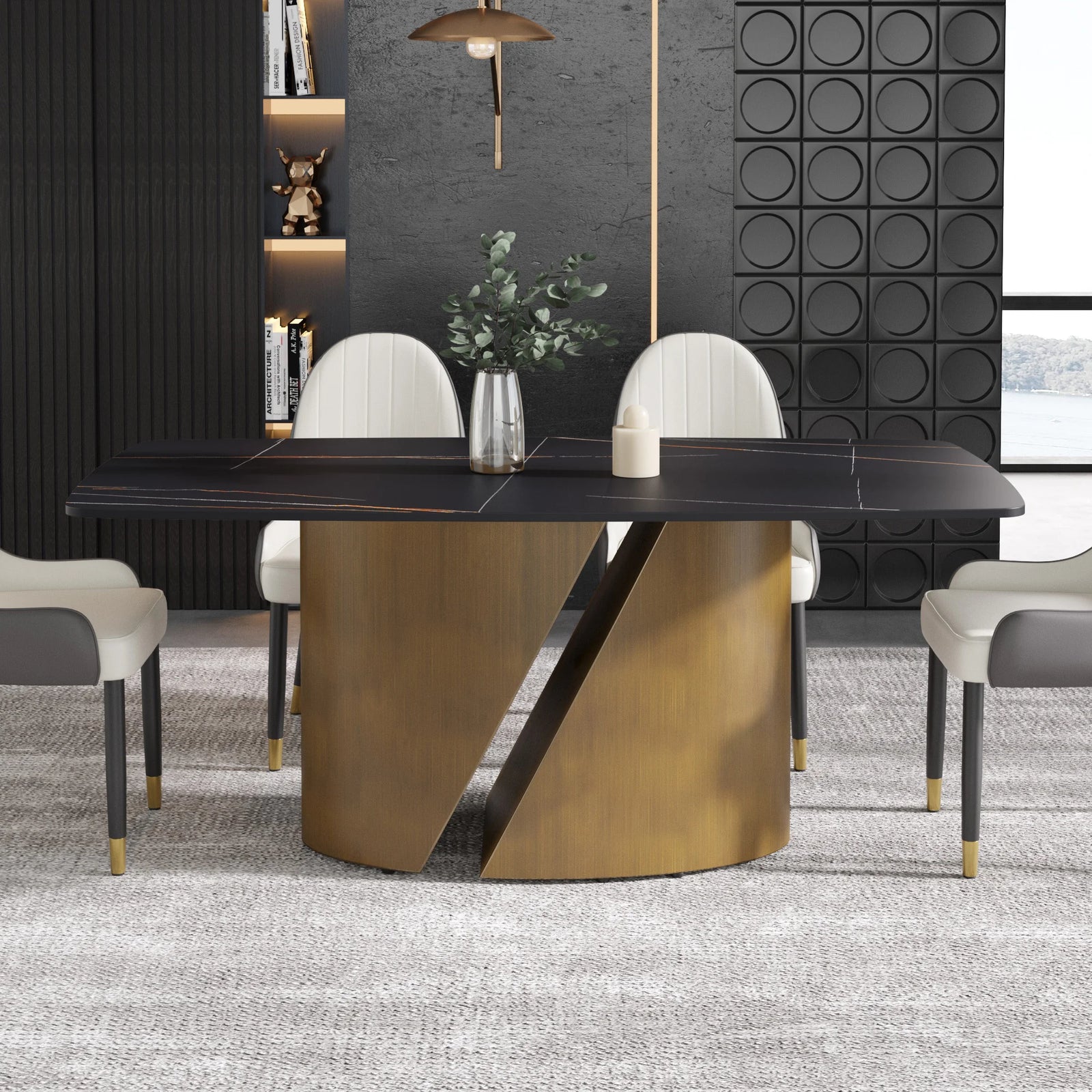 Mesa de comedor Marbella de piedra sinterizada | Rectangular de 180 cm (71") en negro mate con borde curvo
