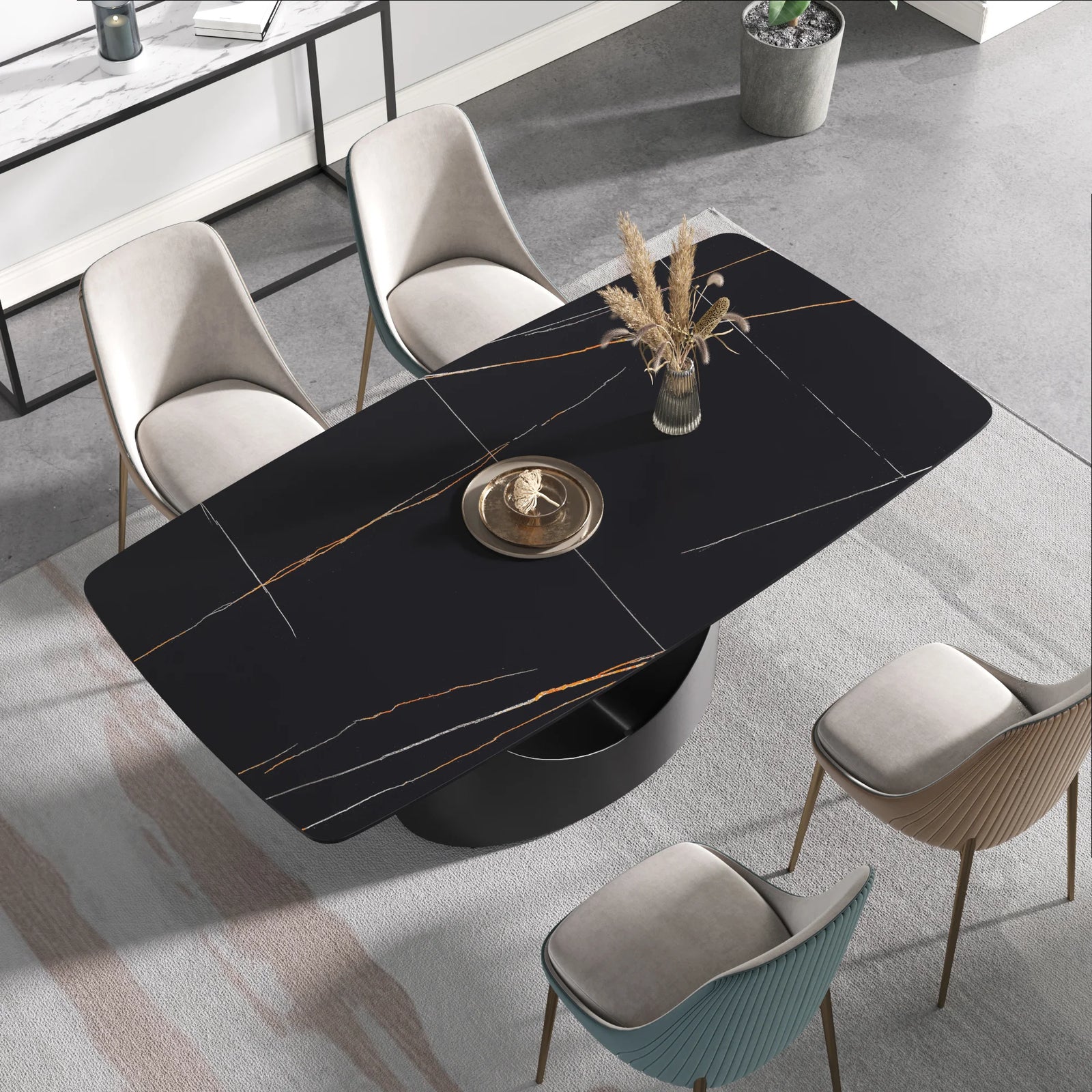 Mesa de comedor Marbella de piedra sinterizada | Rectangular de 180 cm (71") en negro mate con borde curvo