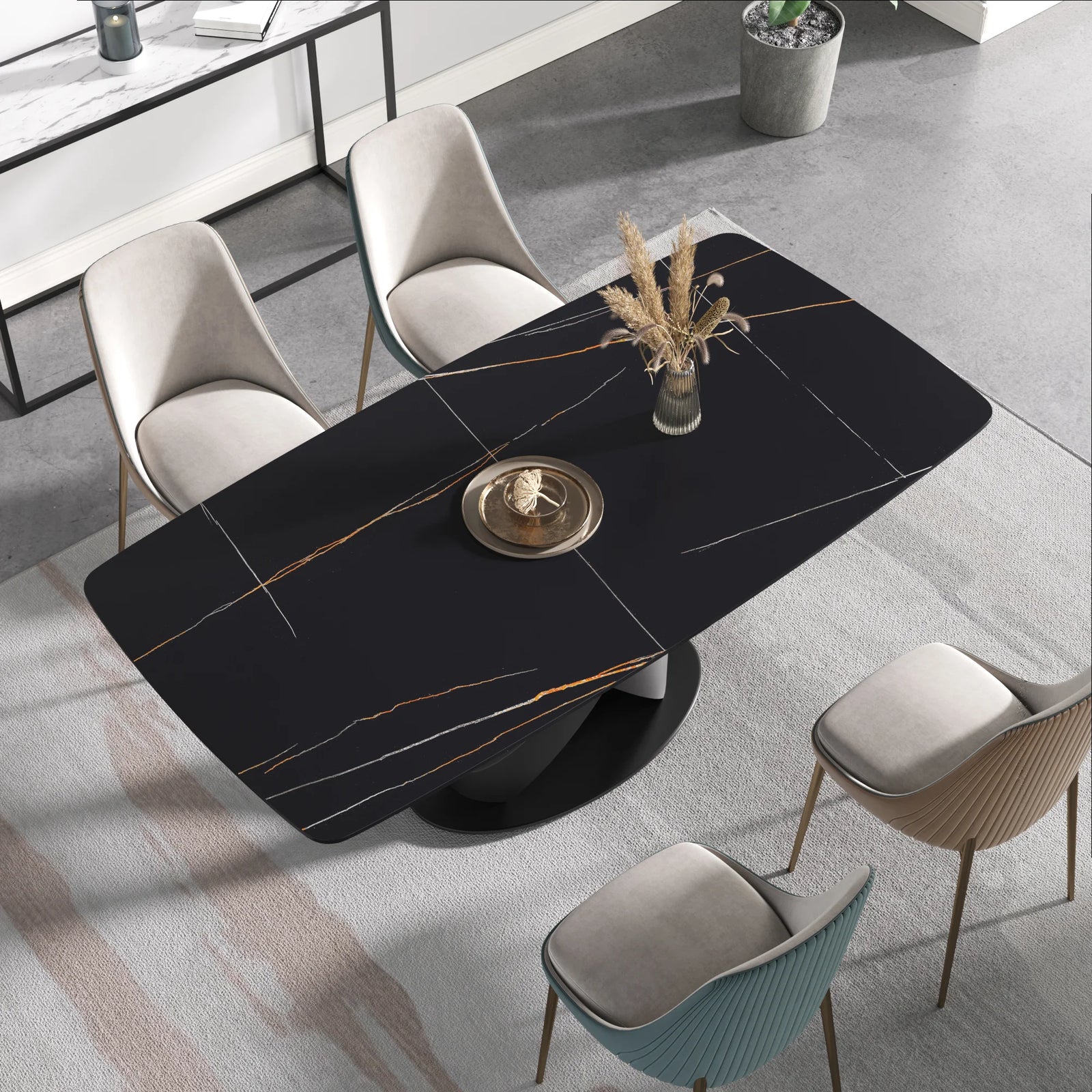 Mesa de comedor Marbella de piedra sinterizada | Rectangular de 180 cm (71") en negro mate con borde curvo