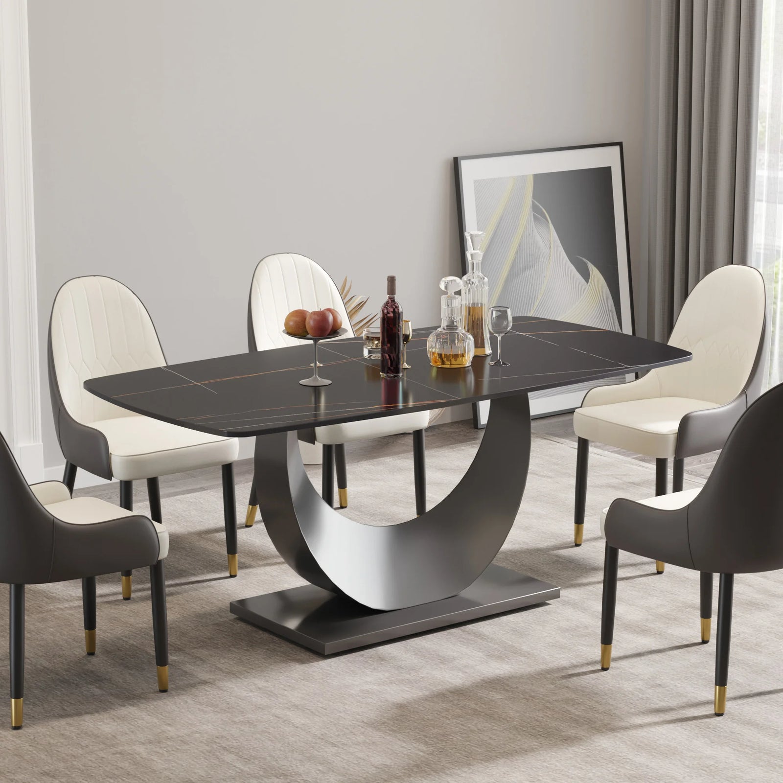 Mesa de comedor Marbella de piedra sinterizada | Rectangular de 180 cm (71") en negro mate con borde curvo