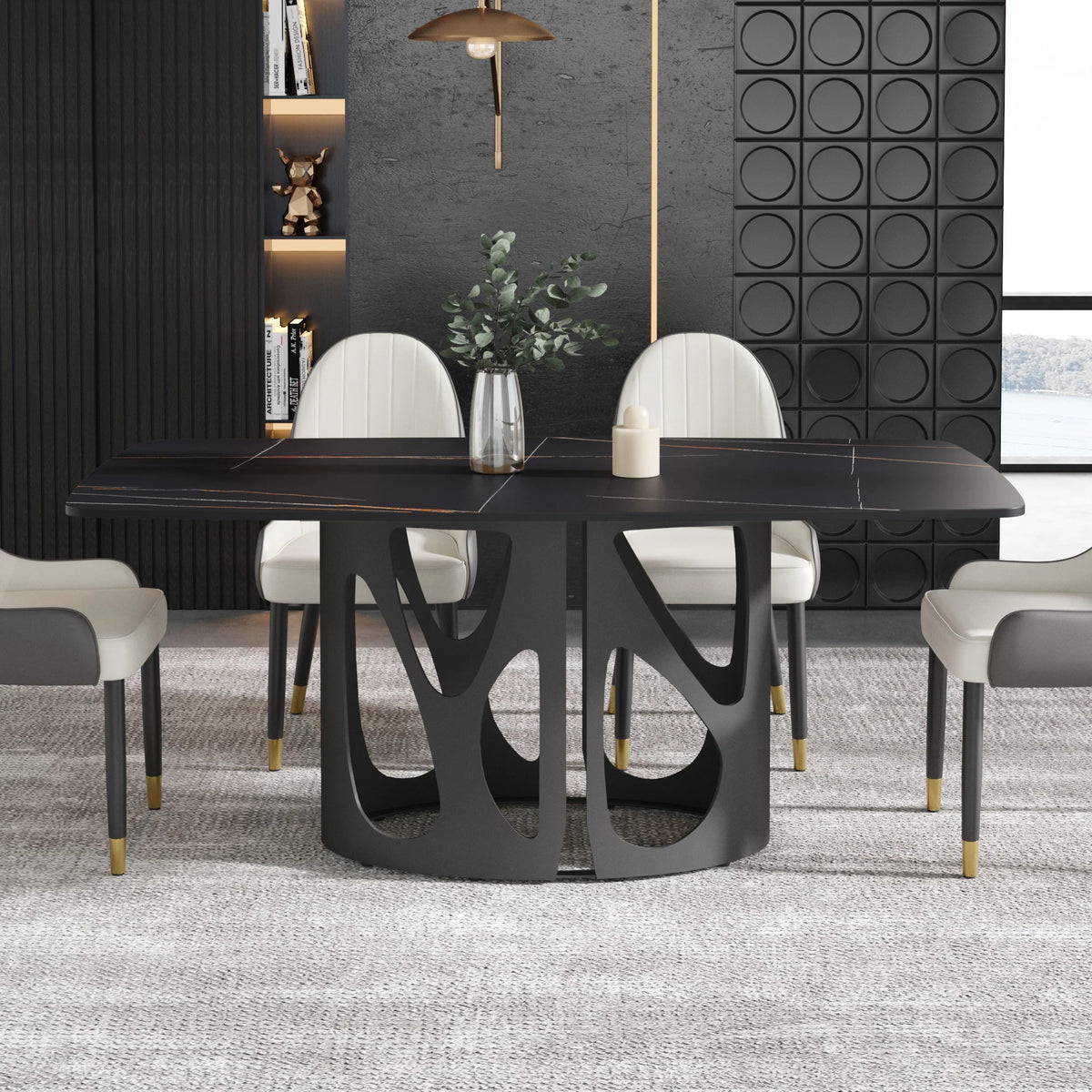 Mesa de comedor Marbella de piedra sinterizada | Rectangular de 180 cm (71") en negro mate con borde curvo