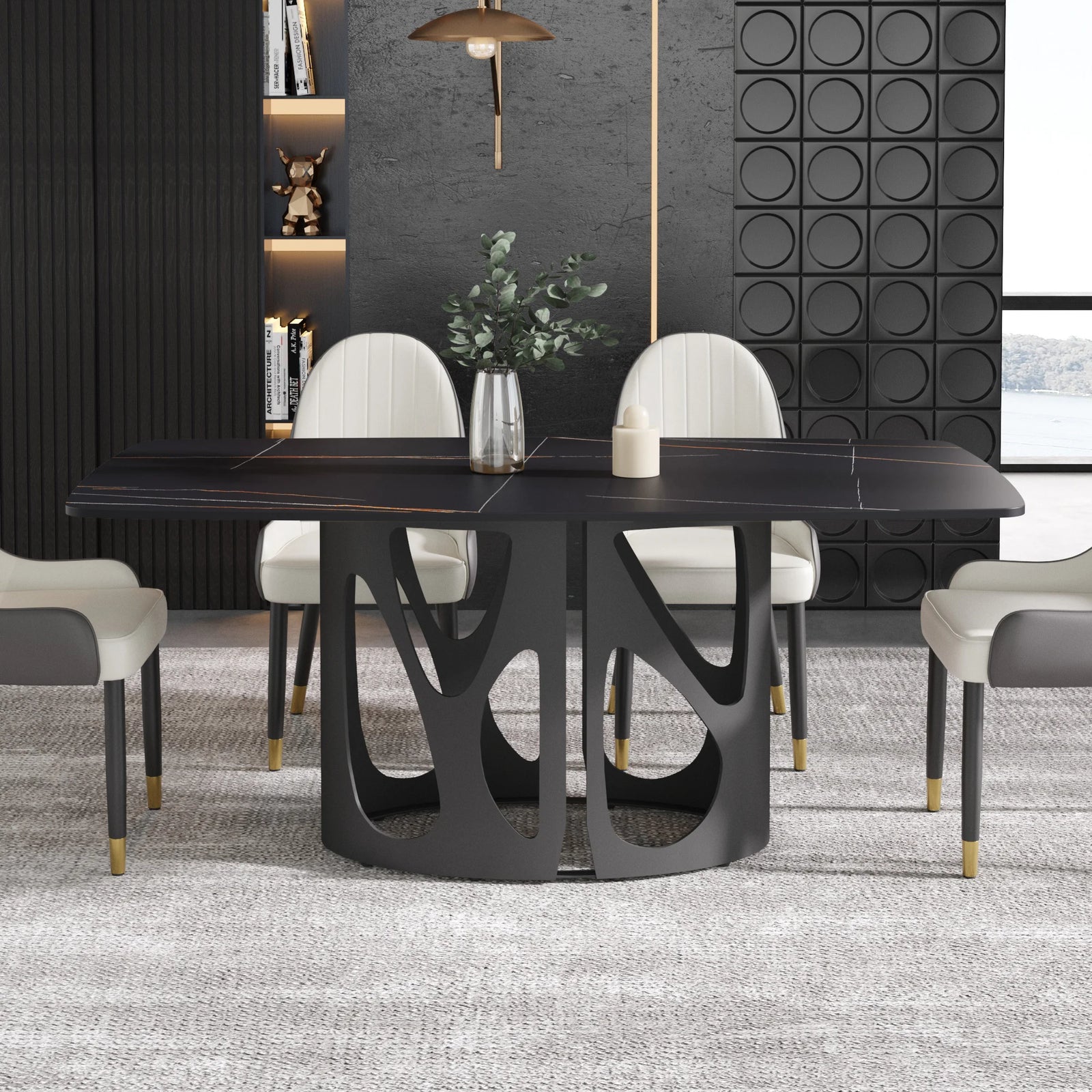 Mesa de comedor Marbella de piedra sinterizada | Rectangular de 180 cm (71") en negro mate con borde curvo