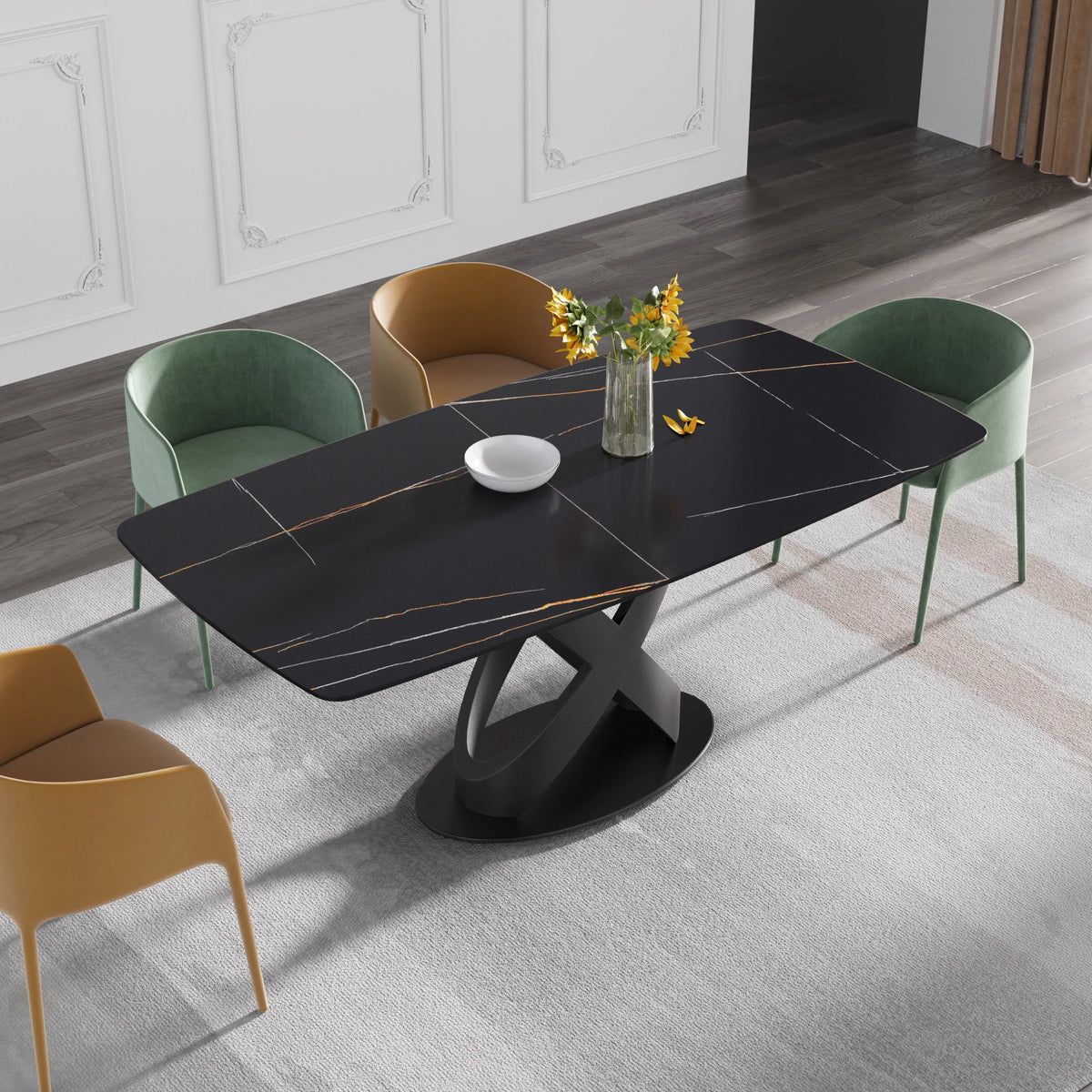 Marbella Sintered Stone Dining Table | 71" Matte Black Rectangular With Curved Edge