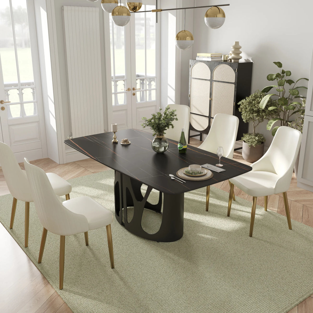 Mesa de comedor Marbella de piedra sinterizada | Rectangular de 180 cm (71") en negro mate con borde curvo