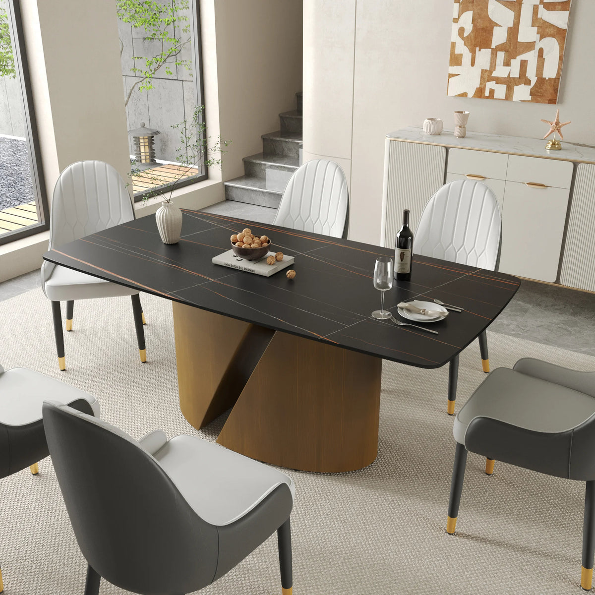 Marbella Sintered Stone Dining Table | 71" Matte Black Rectangular With Curved Edge