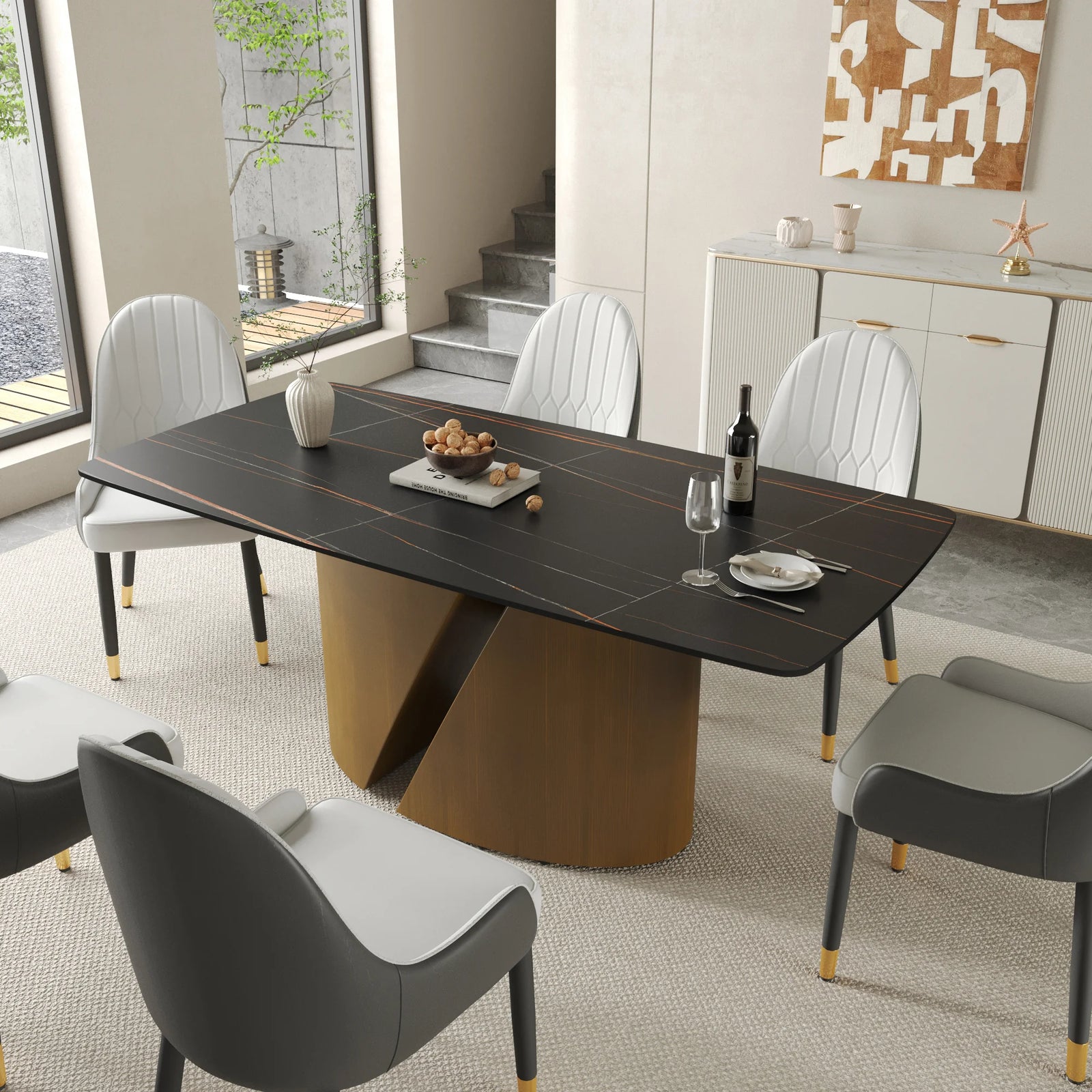 Mesa de comedor Marbella de piedra sinterizada | Rectangular de 180 cm (71") en negro mate con borde curvo
