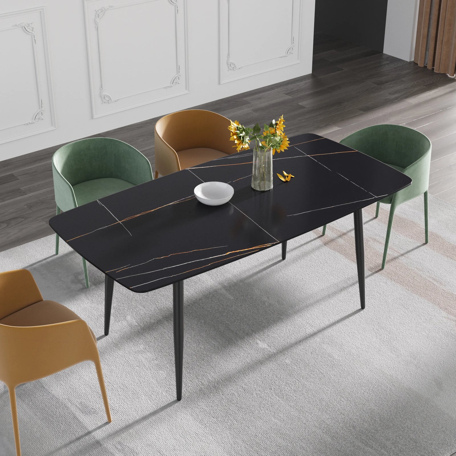 Mesa de comedor Marbella de piedra sinterizada | Rectangular de 180 cm (71") en negro mate con borde curvo