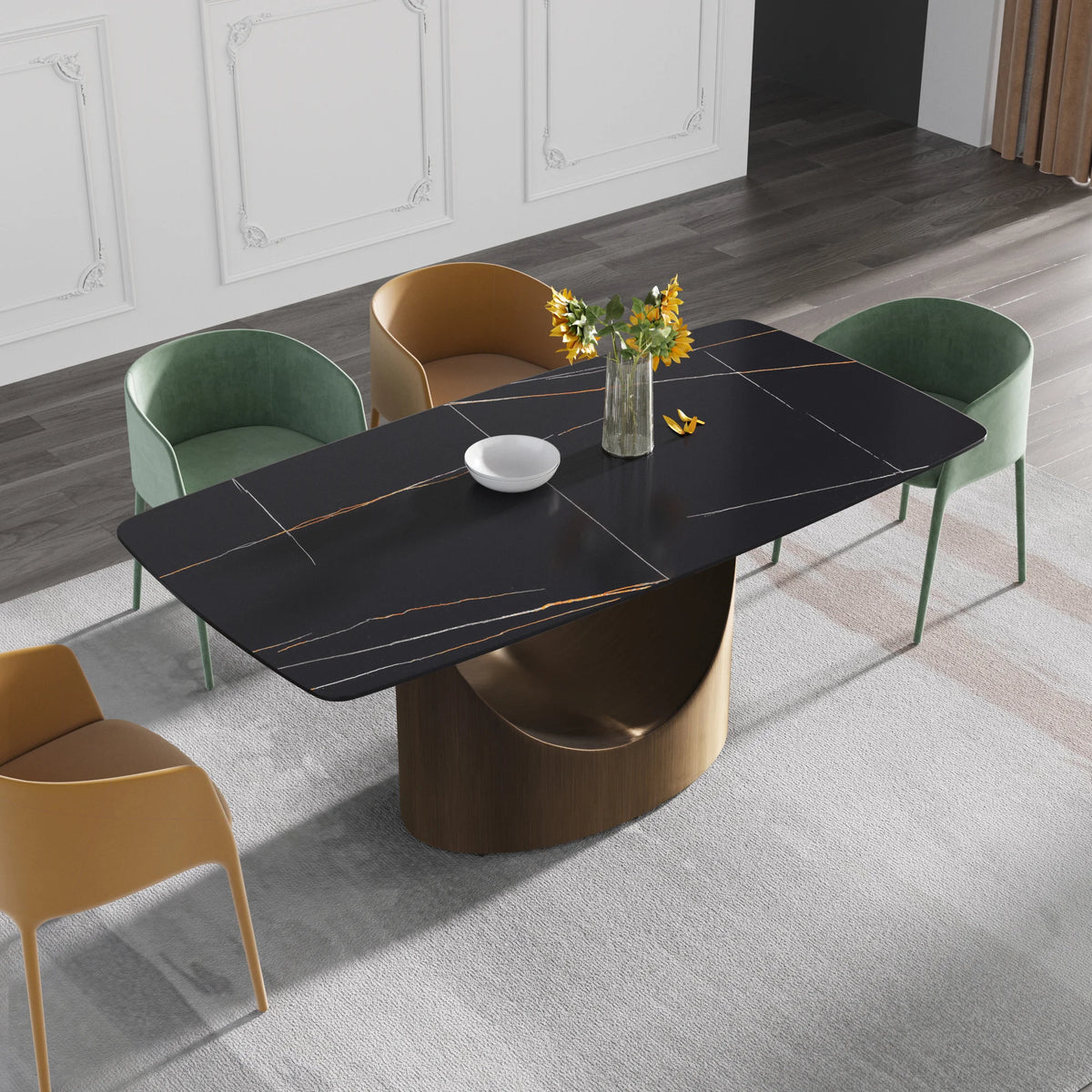 Marbella Sintered Stone Dining Table | 71" Matte Black Rectangular With Curved Edge