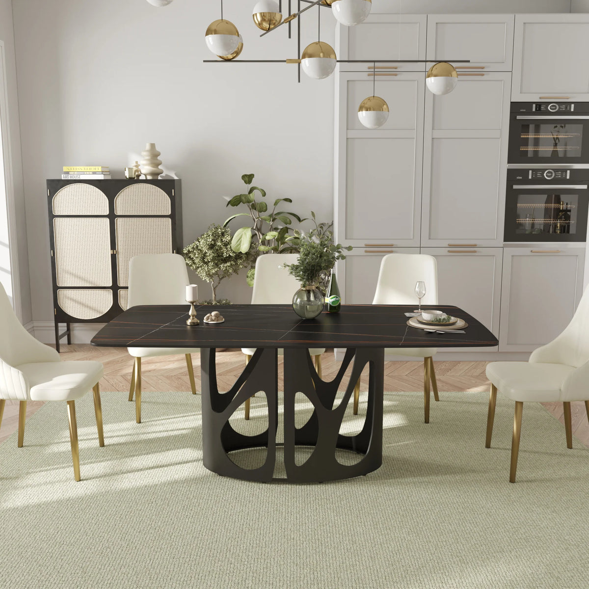 Mesa de comedor Marbella de piedra sinterizada | Rectangular de 180 cm (71") en negro mate con borde curvo