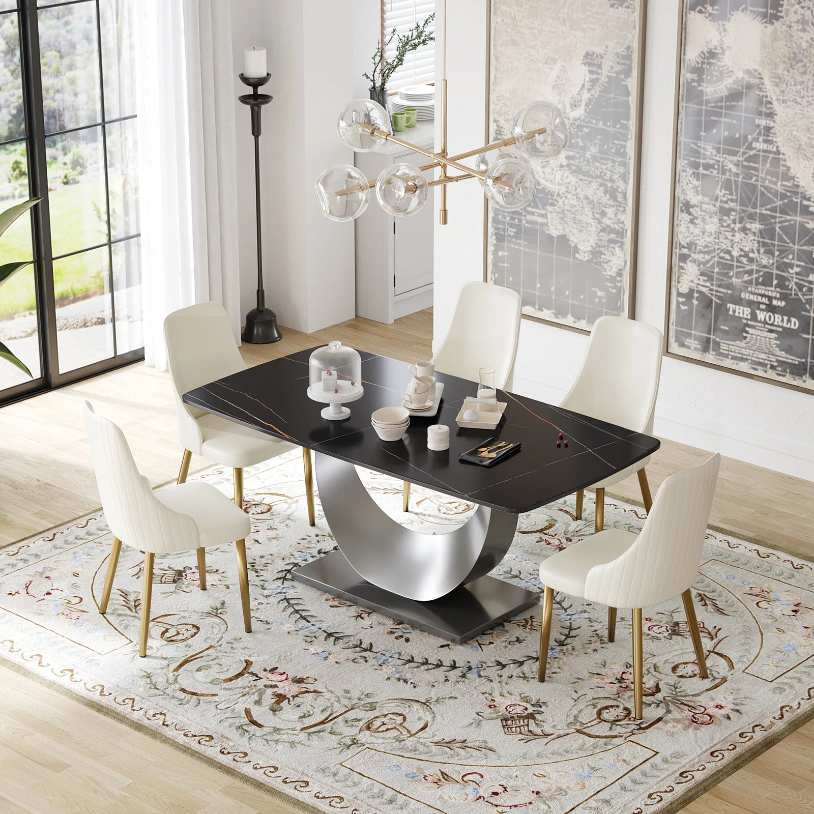 Mesa de comedor Marbella de piedra sinterizada | Rectangular de 180 cm (71") en negro mate con borde curvo