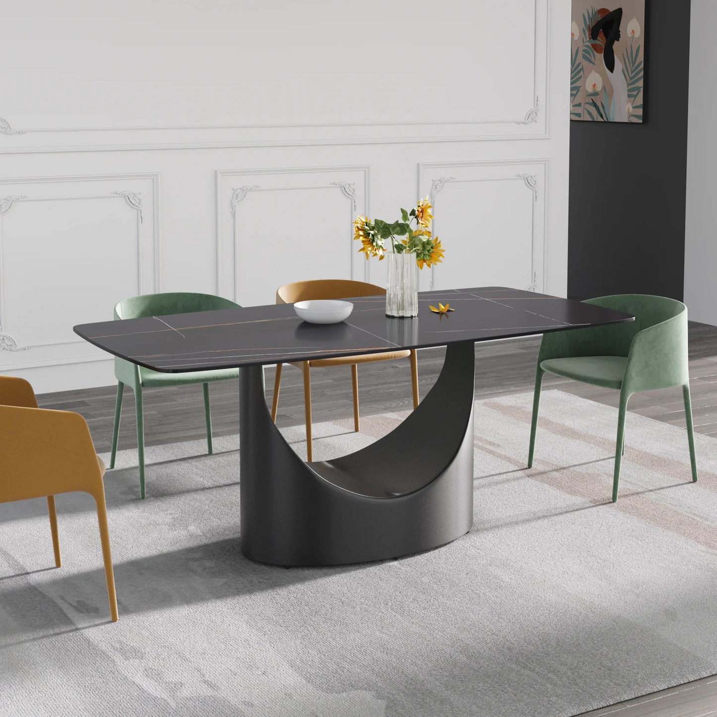 Marbella Sintered Stone Dining Table | 71" Matte Black Rectangular With Curved Edge