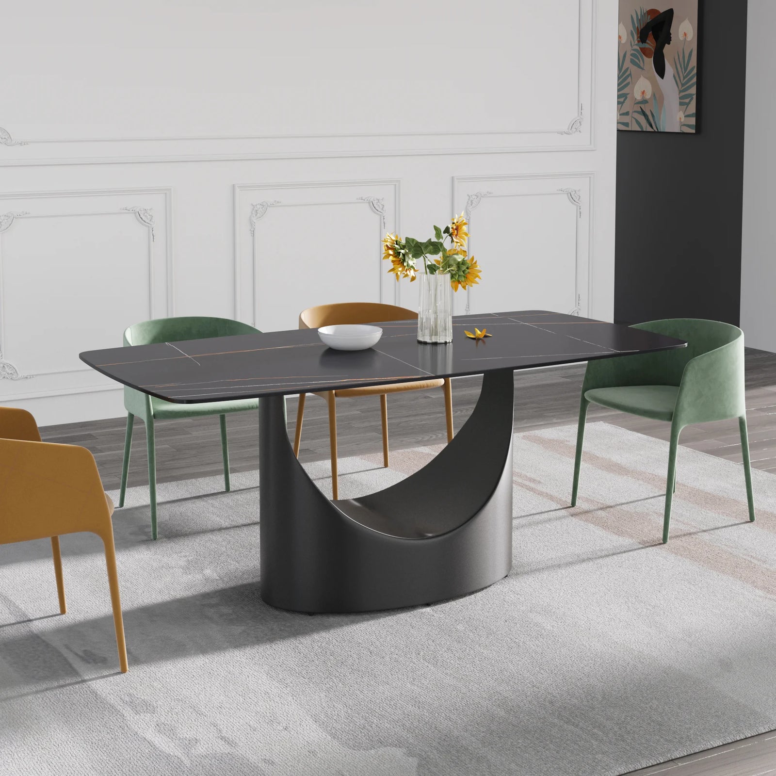 Mesa de comedor Marbella de piedra sinterizada | Rectangular de 180 cm (71") en negro mate con borde curvo