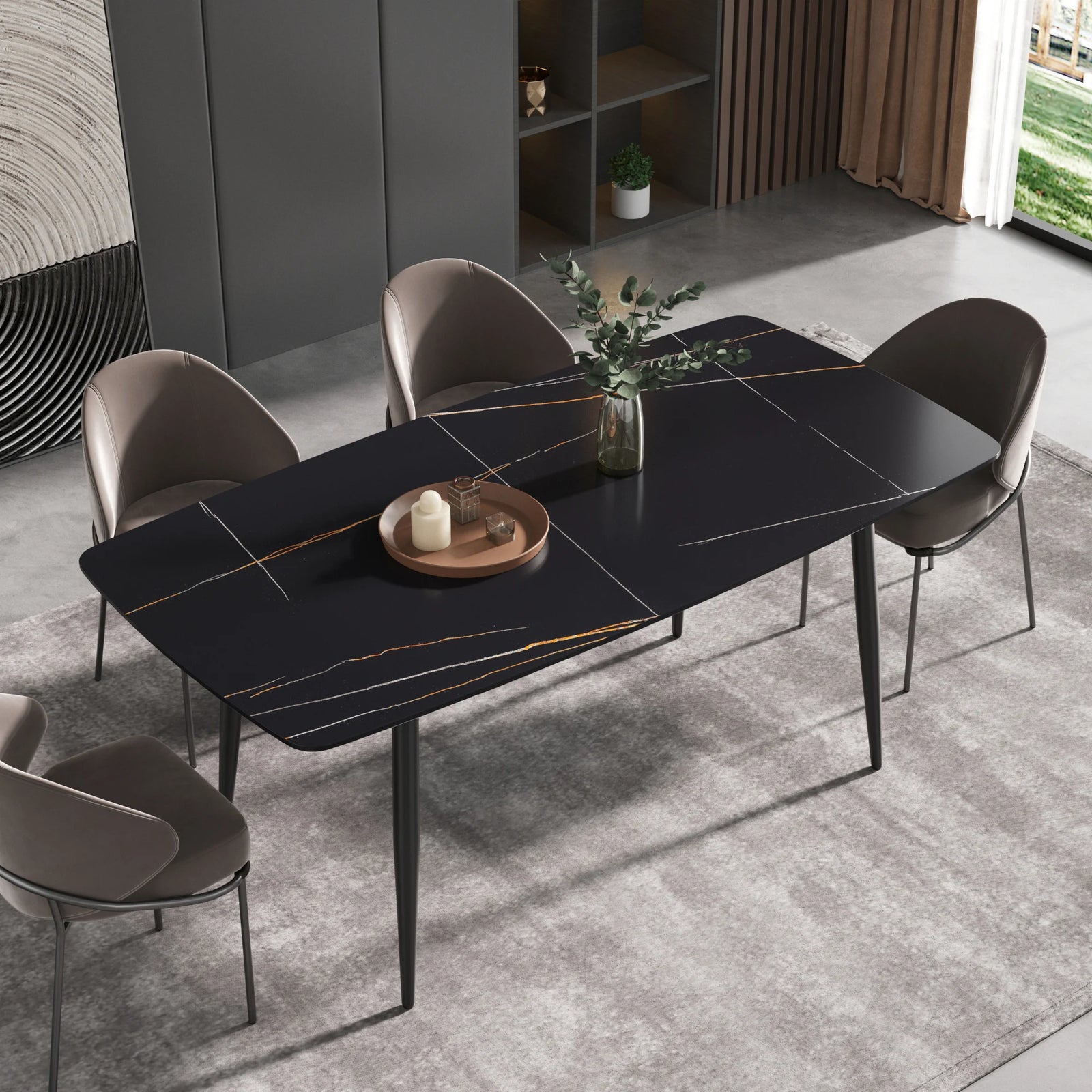 Mesa de comedor Marbella de piedra sinterizada | Rectangular de 180 cm (71") en negro mate con borde curvo