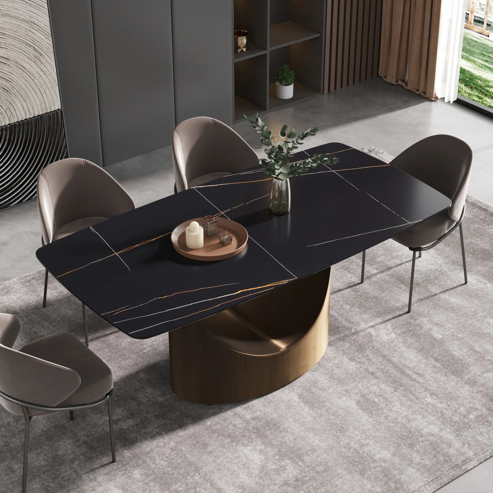 Mesa de comedor Marbella de piedra sinterizada | Rectangular de 180 cm (71") en negro mate con borde curvo