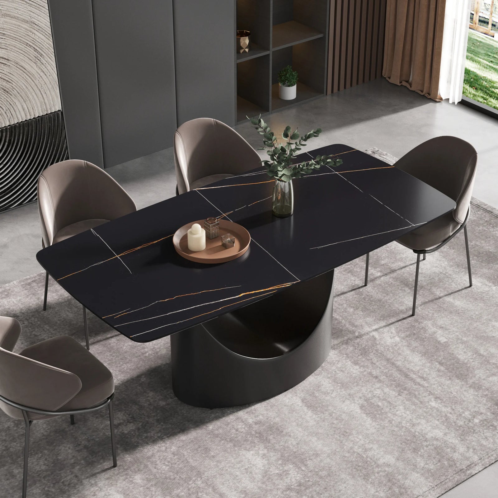 Mesa de comedor Marbella de piedra sinterizada | Rectangular de 180 cm (71") en negro mate con borde curvo