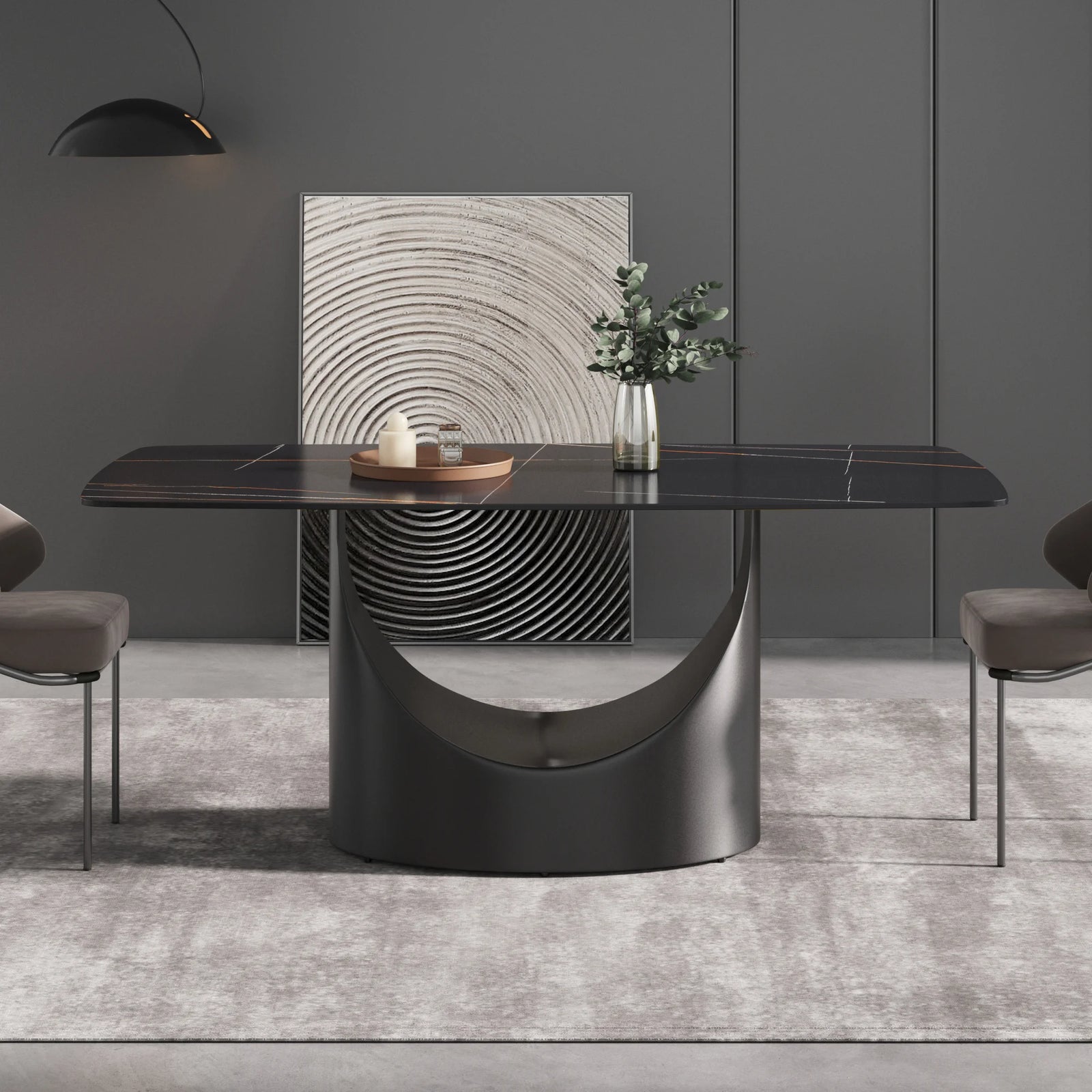 Mesa de comedor Marbella de piedra sinterizada | Rectangular de 180 cm (71") en negro mate con borde curvo